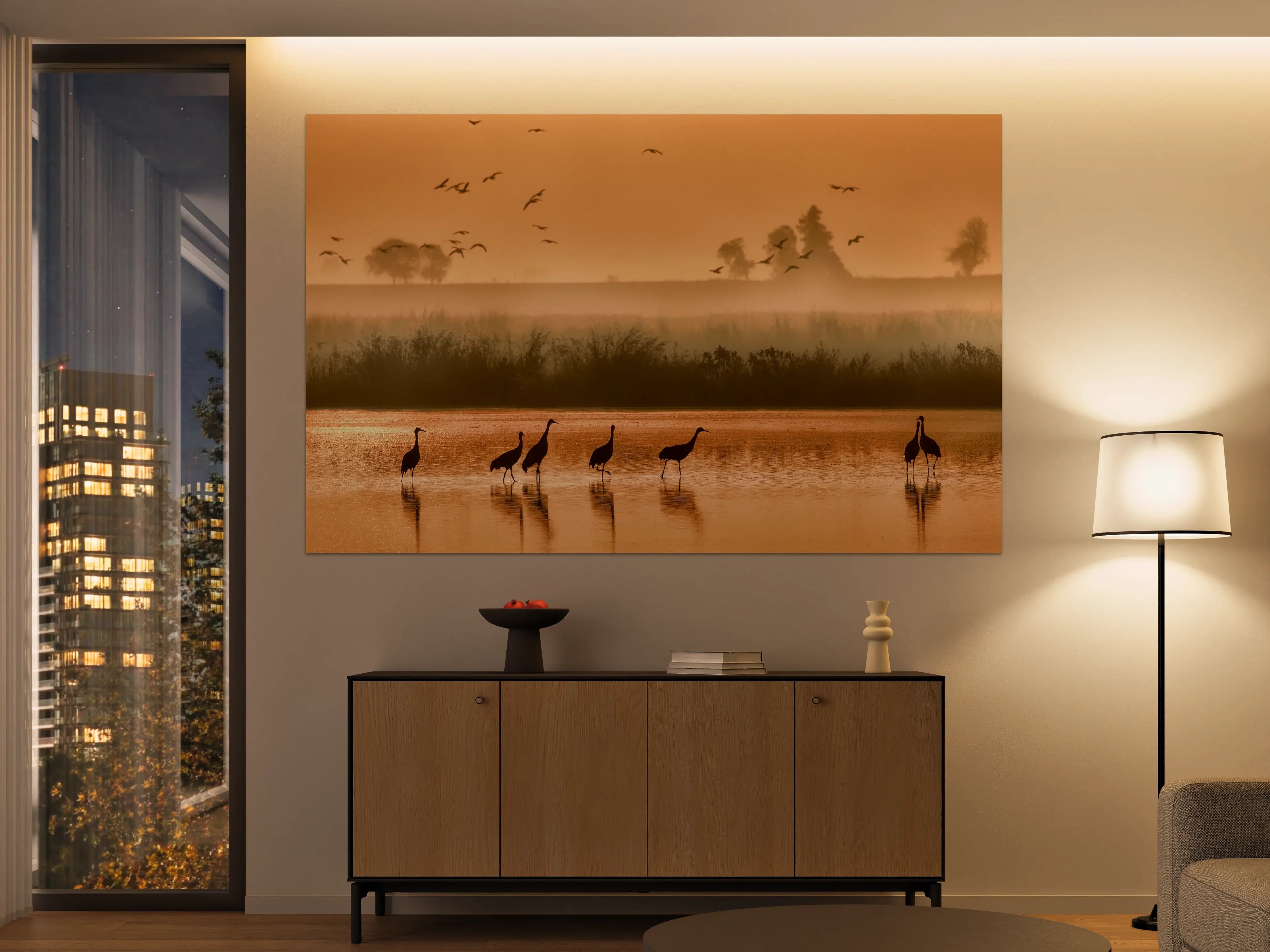 Große Wandbilder - Goldene Dämmerung am Fluss mit Zugvögeln