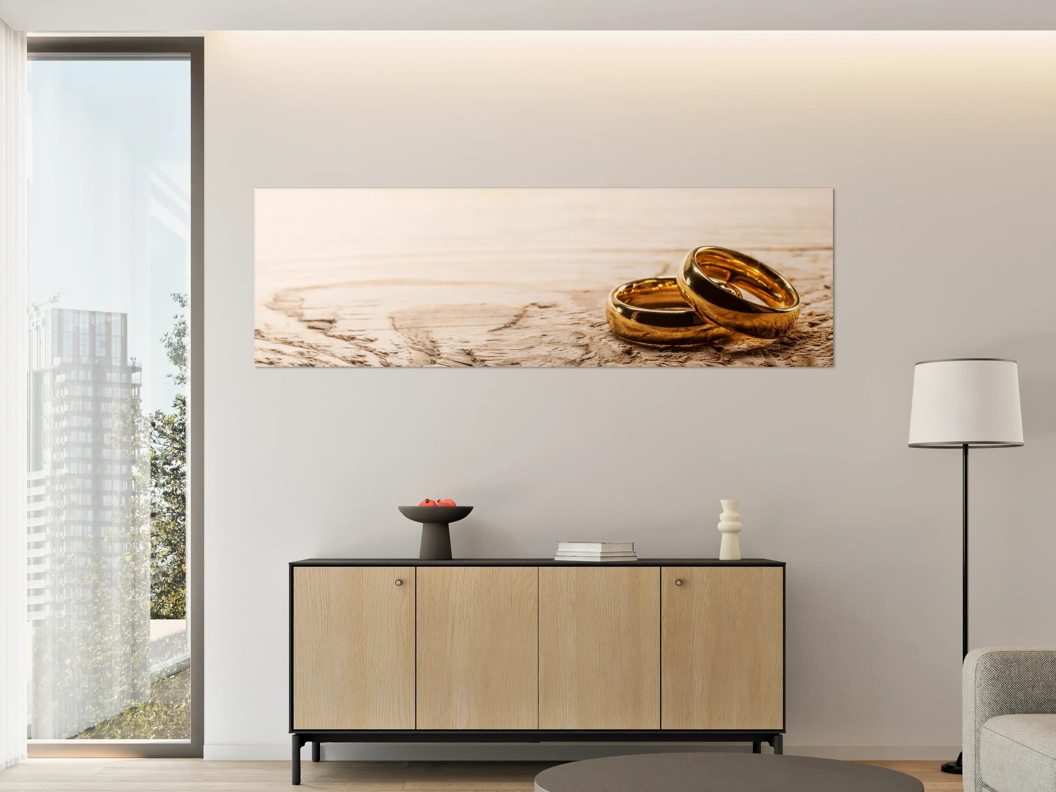Große Wandbilder - Goldene Eheringe auf Holz