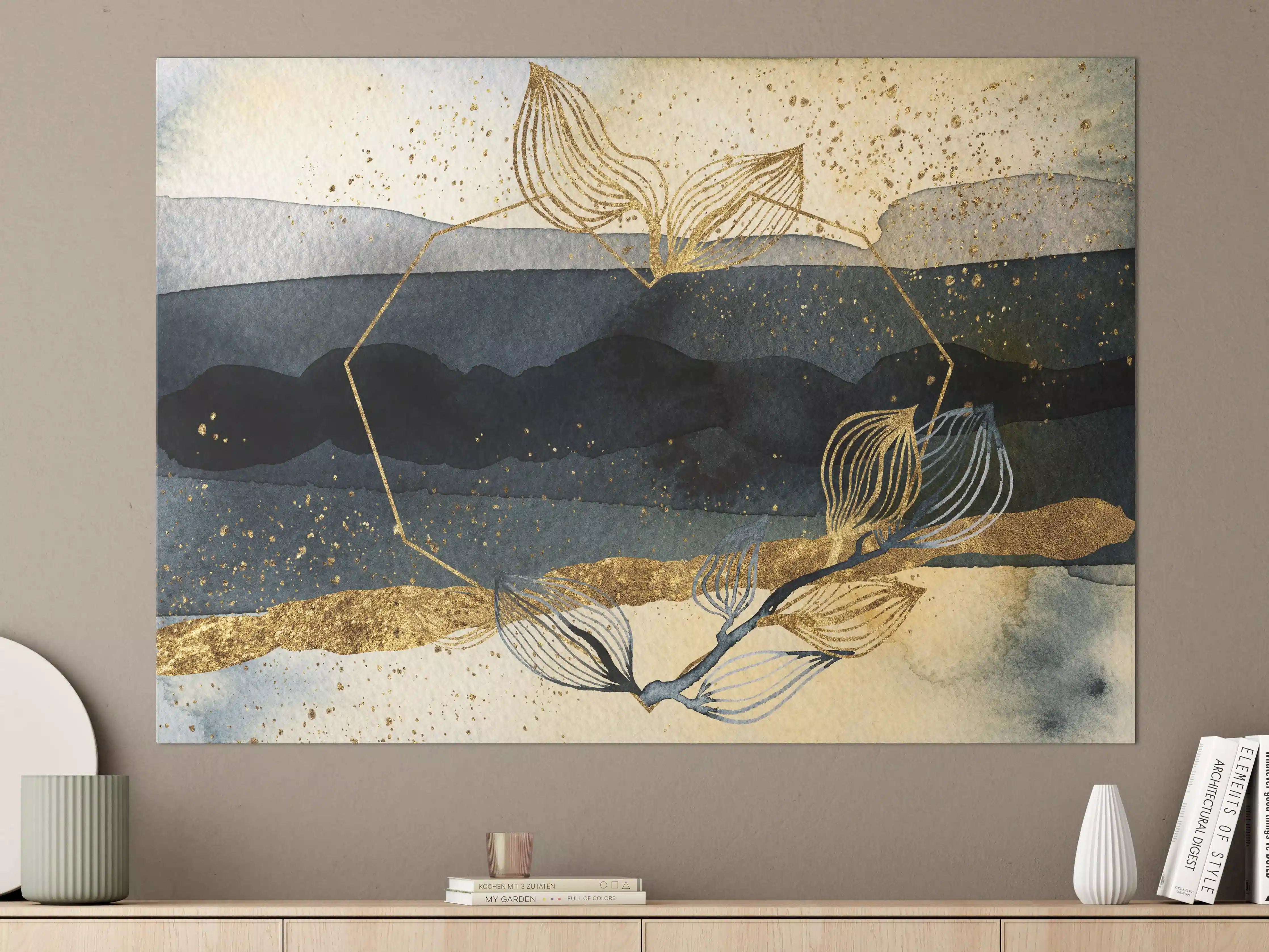 Große Wandbilder - Goldene Fadenranke auf dunklem Wasserhintergrund