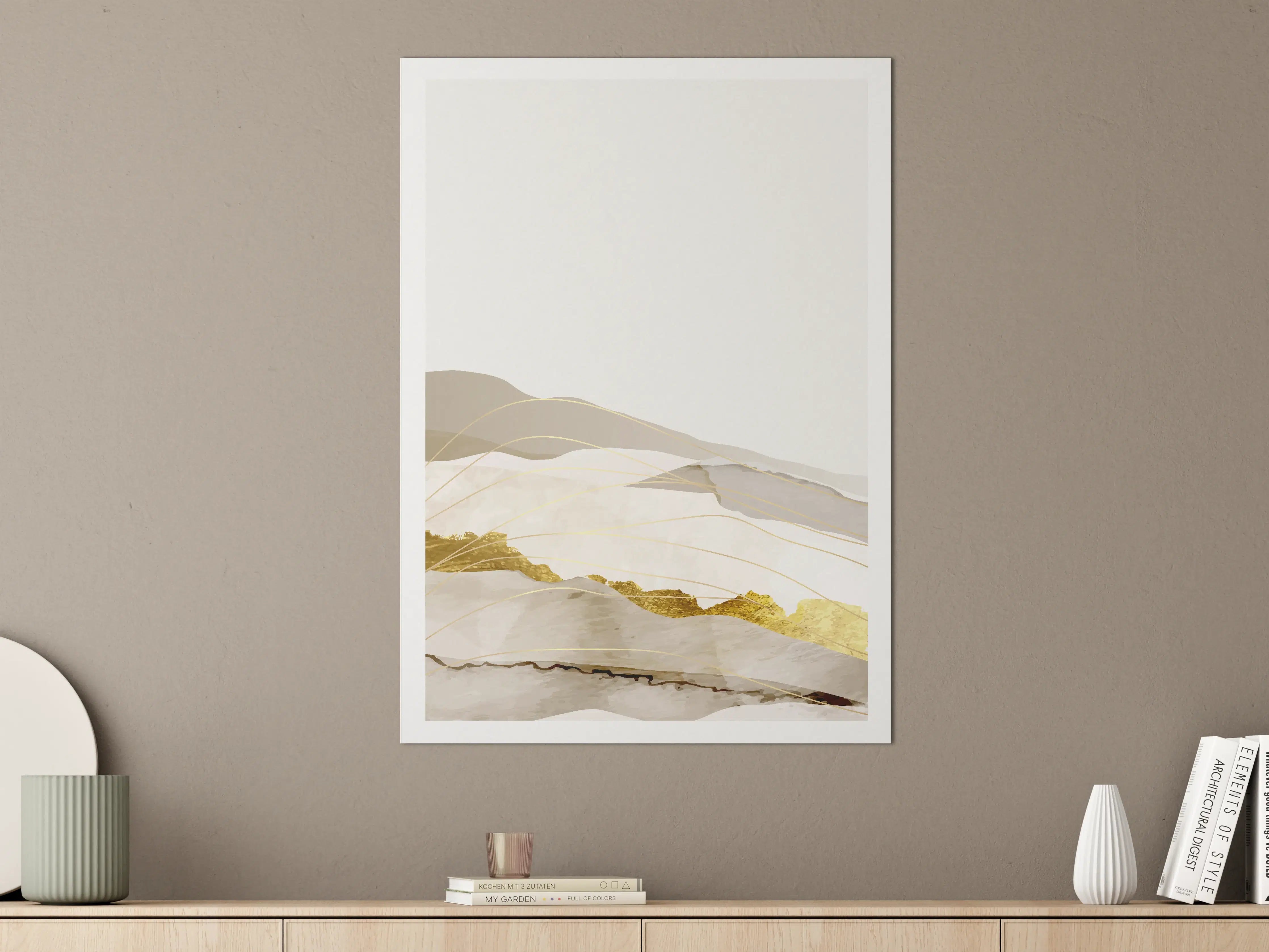 Große Wandbilder - Goldene Kanten, Sanfte Grau- und Beigetöne, Elegantes Marbled Design