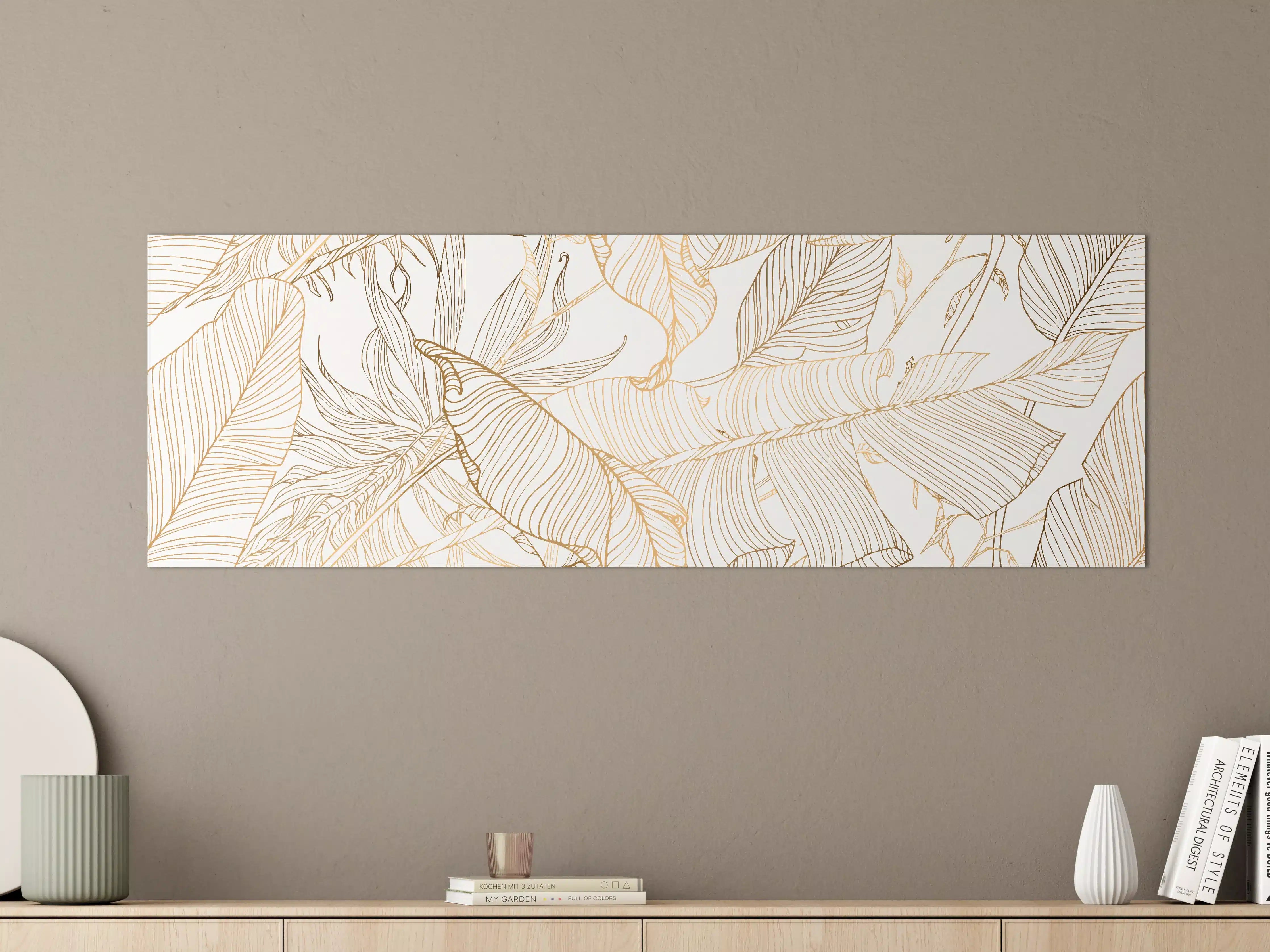 Große Wandbilder - Goldene Lineart Blattmuster Kunst