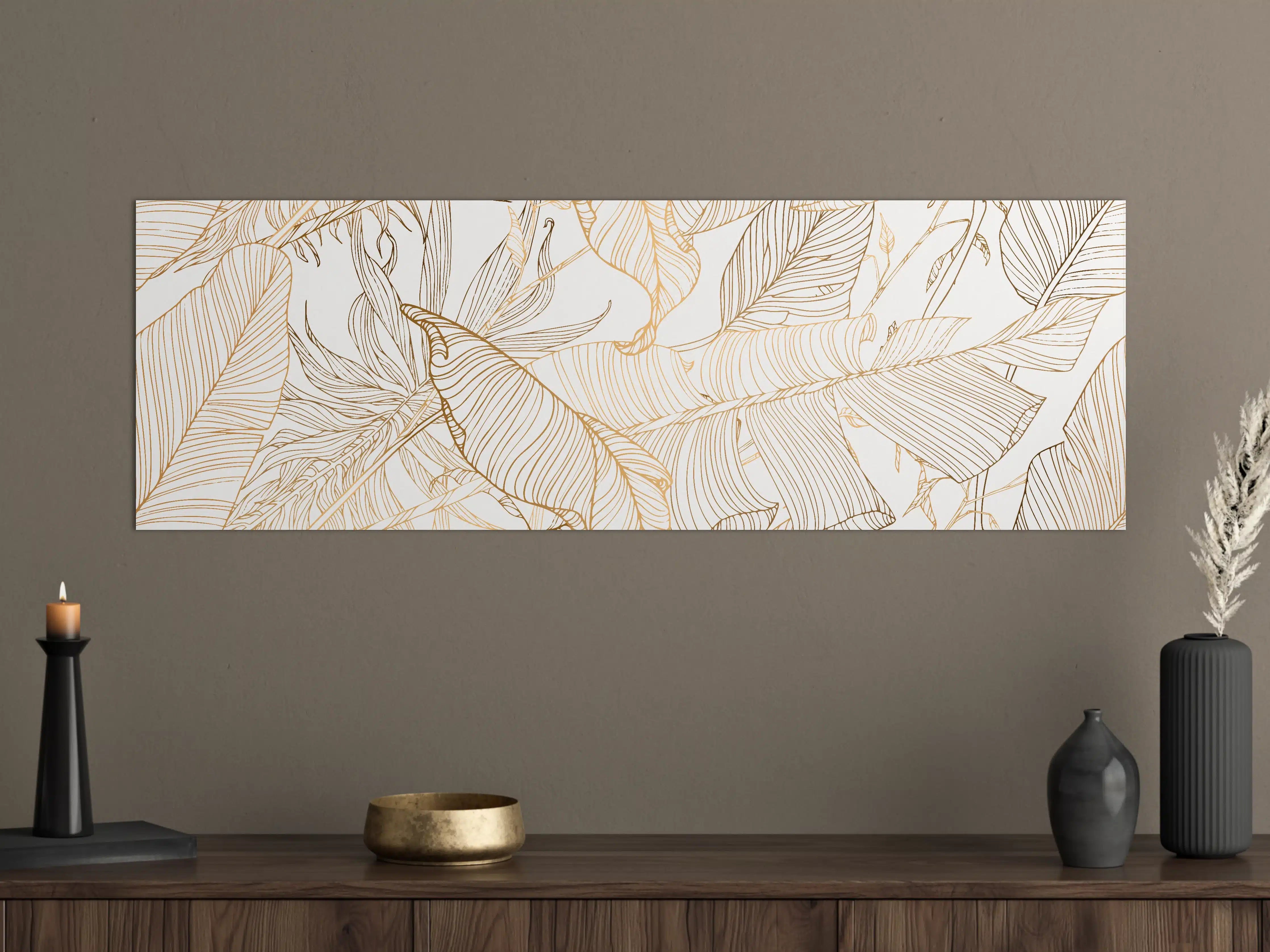 Große Wandbilder - Goldene Lineart Blattmuster Kunst