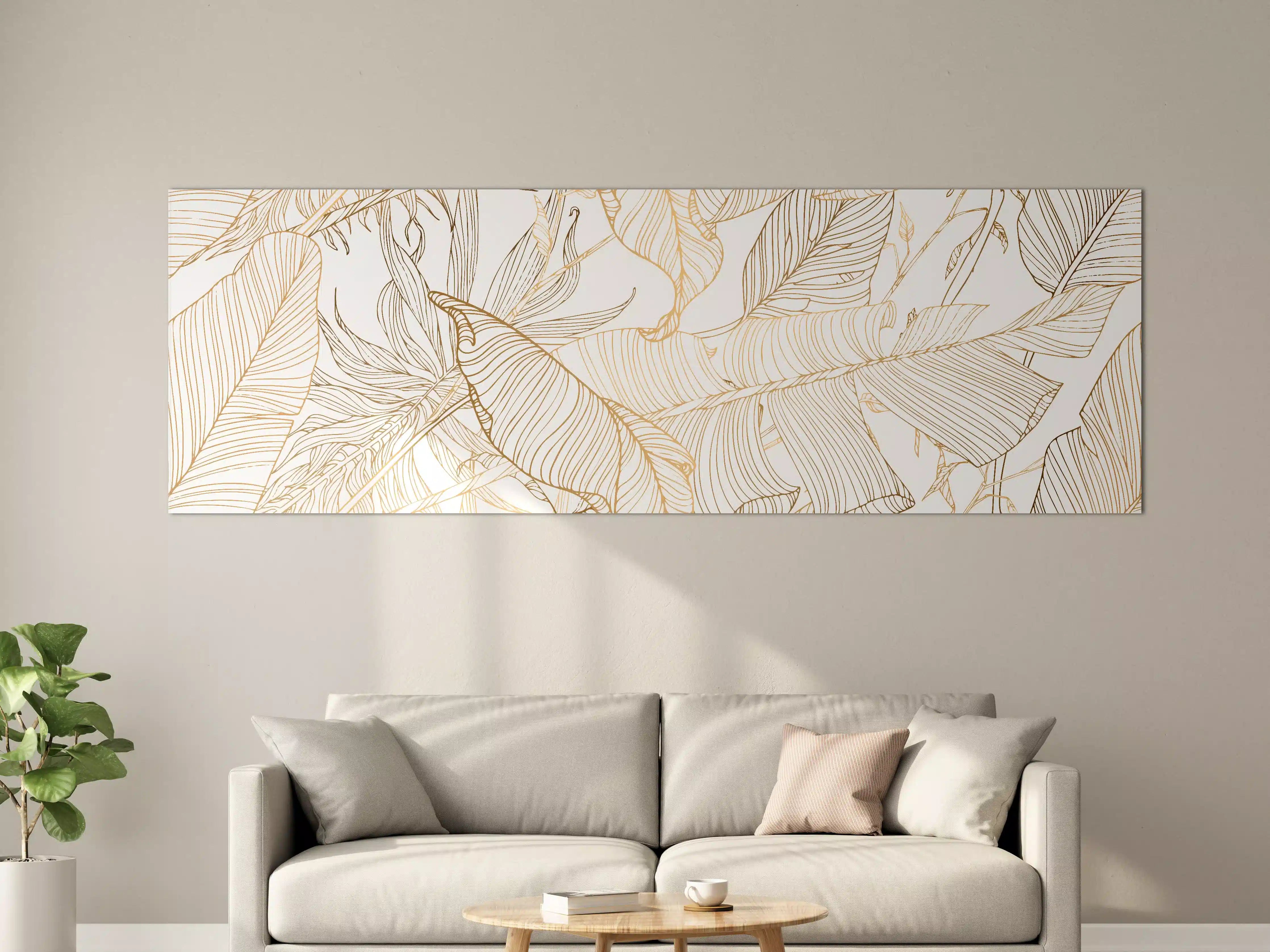 Große Wandbilder - Goldene Lineart Blattmuster Kunst