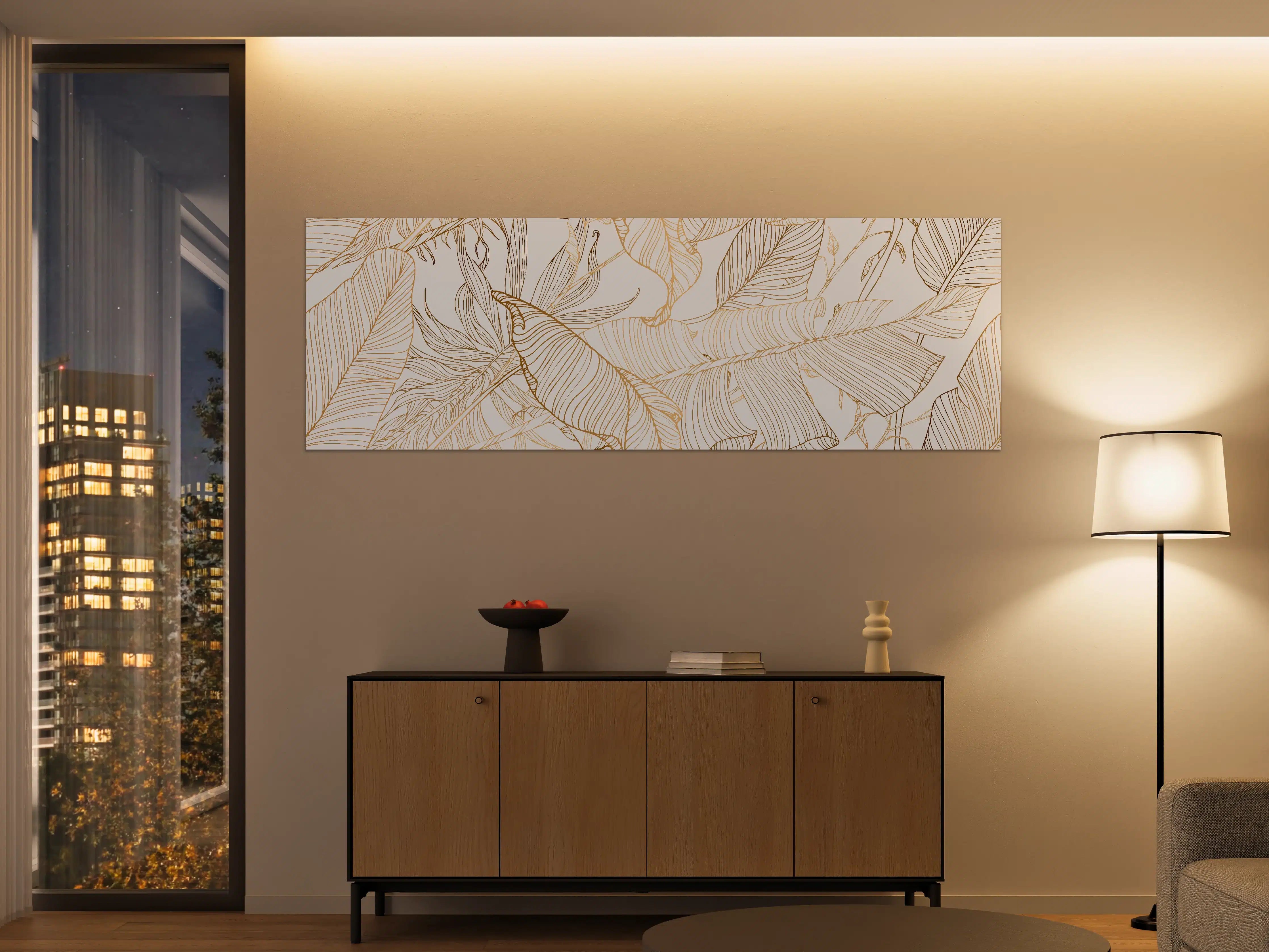 Große Wandbilder - Goldene Lineart Blattmuster Kunst