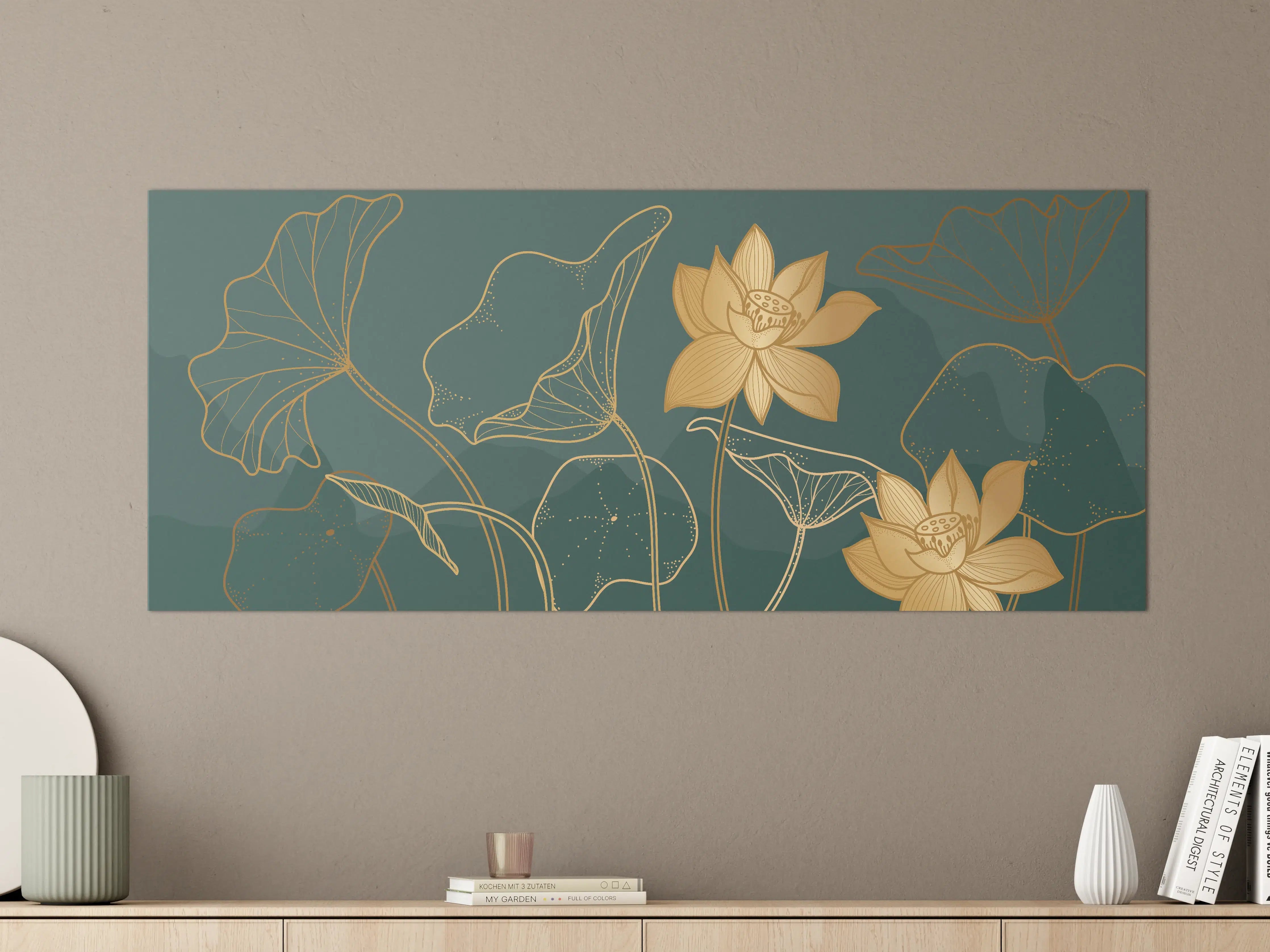 Große Wandbilder - Goldene Lotus Linienzeichnung