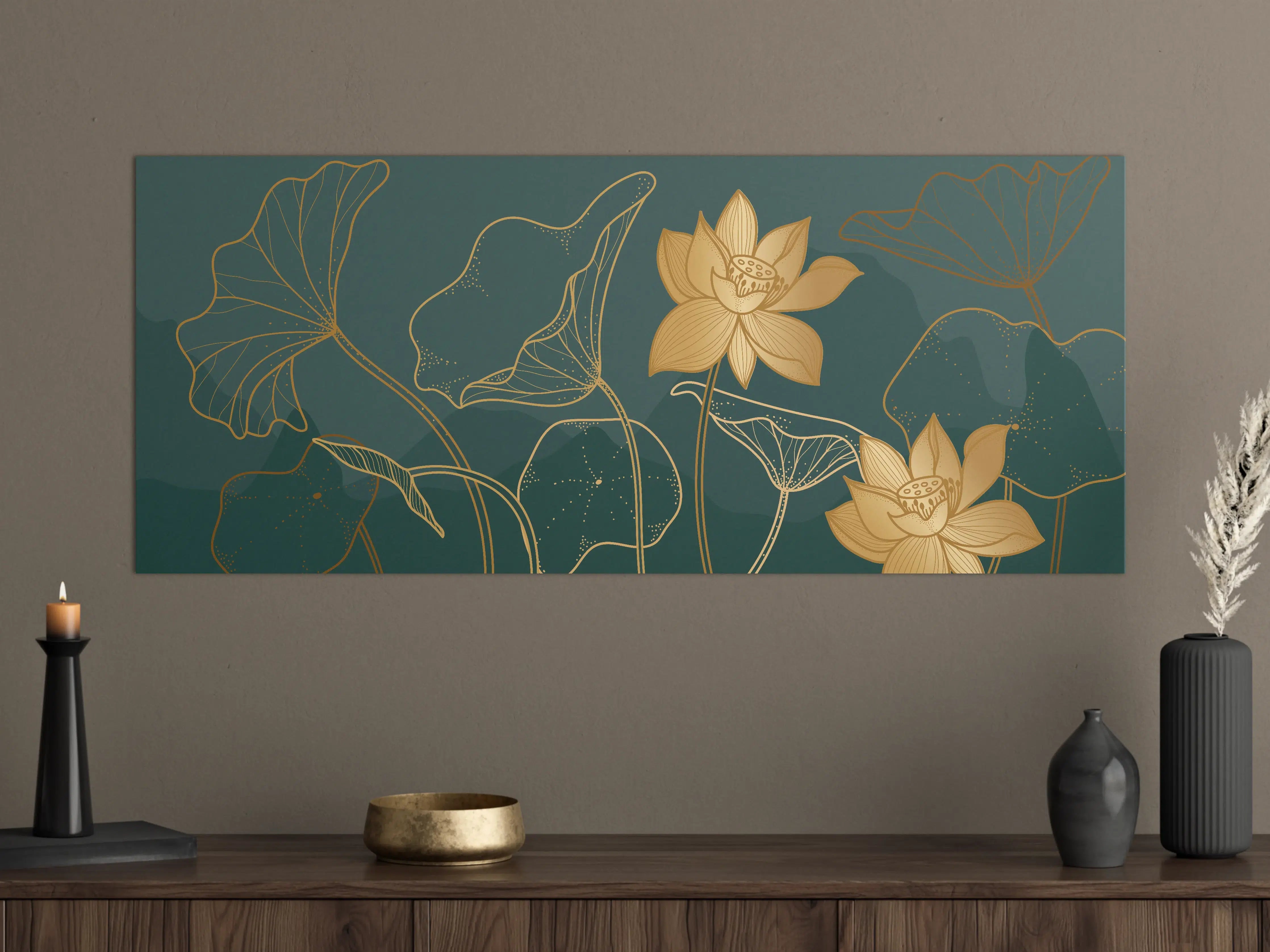 Große Wandbilder - Goldene Lotus Linienzeichnung