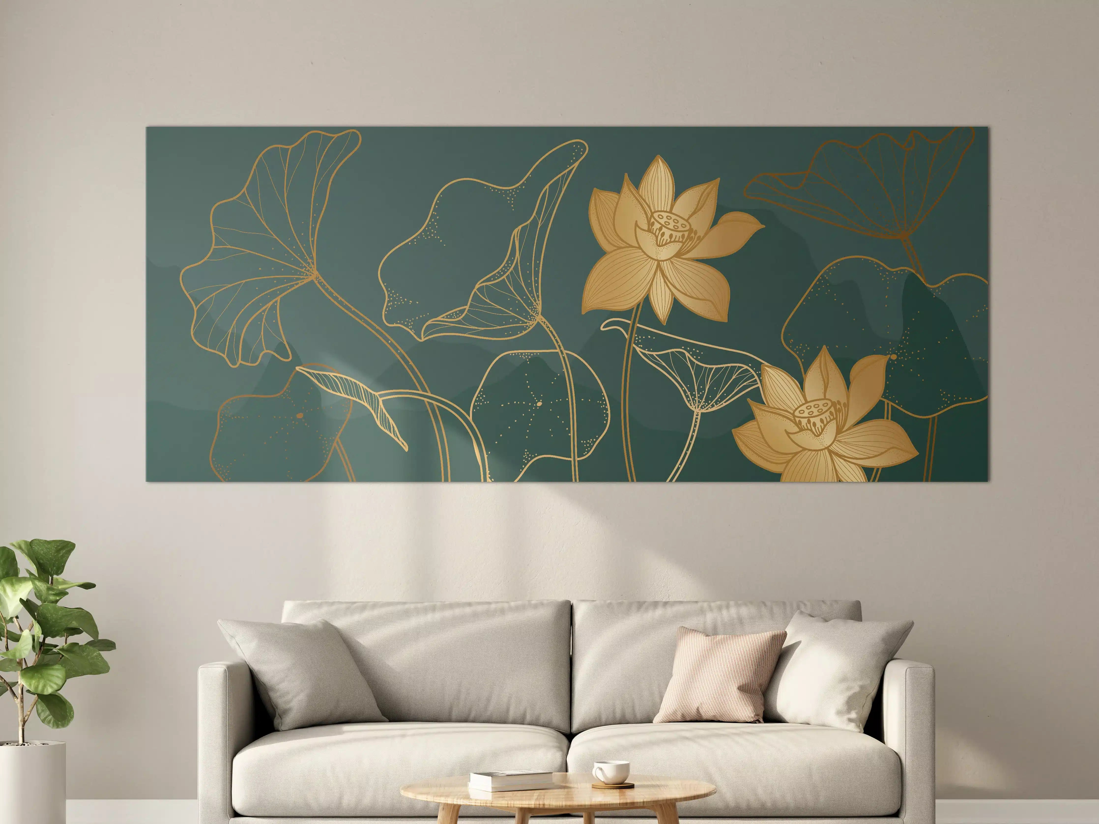 Große Wandbilder - Goldene Lotus Linienzeichnung