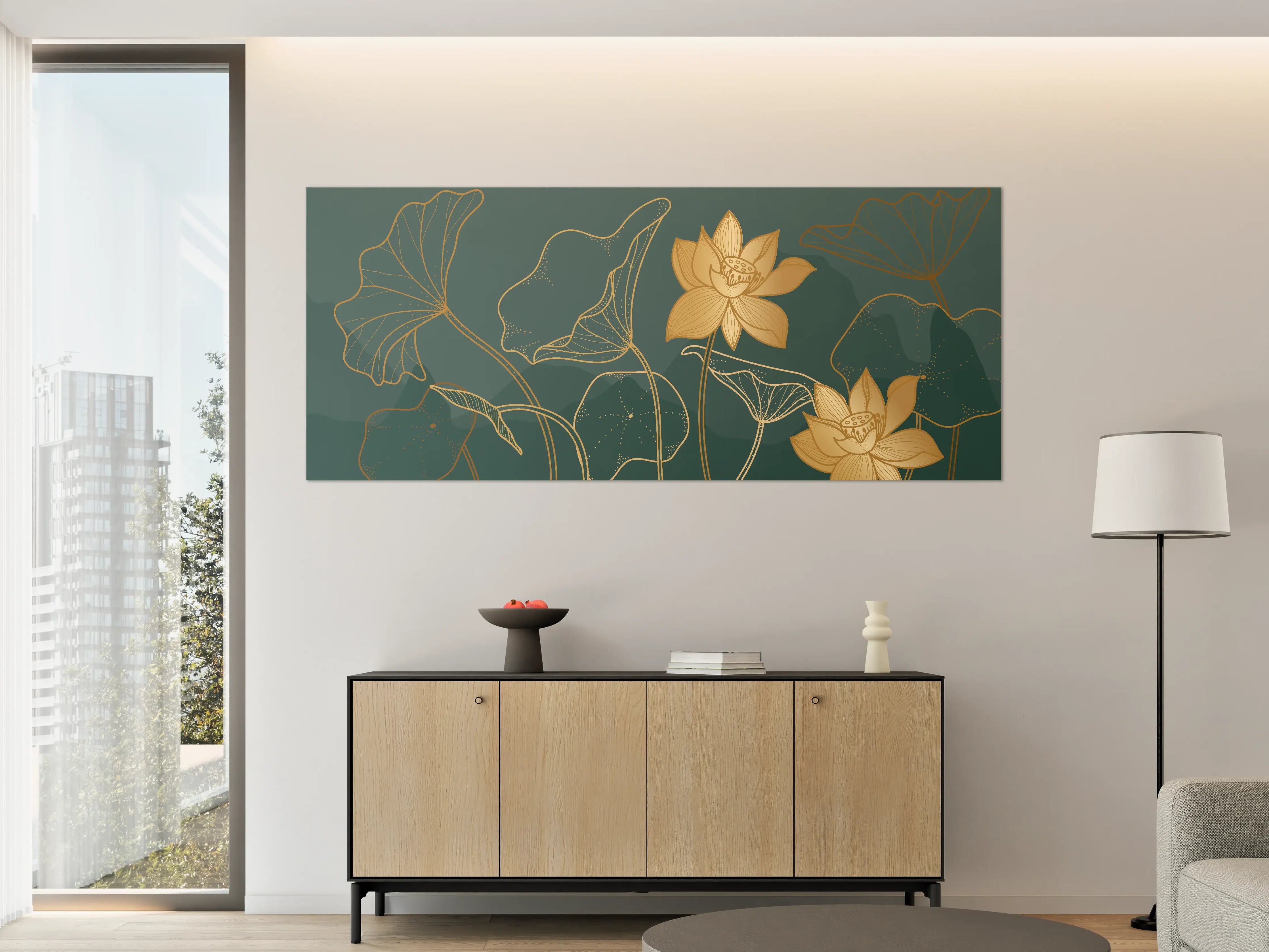 Große Wandbilder - Goldene Lotus Linienzeichnung
