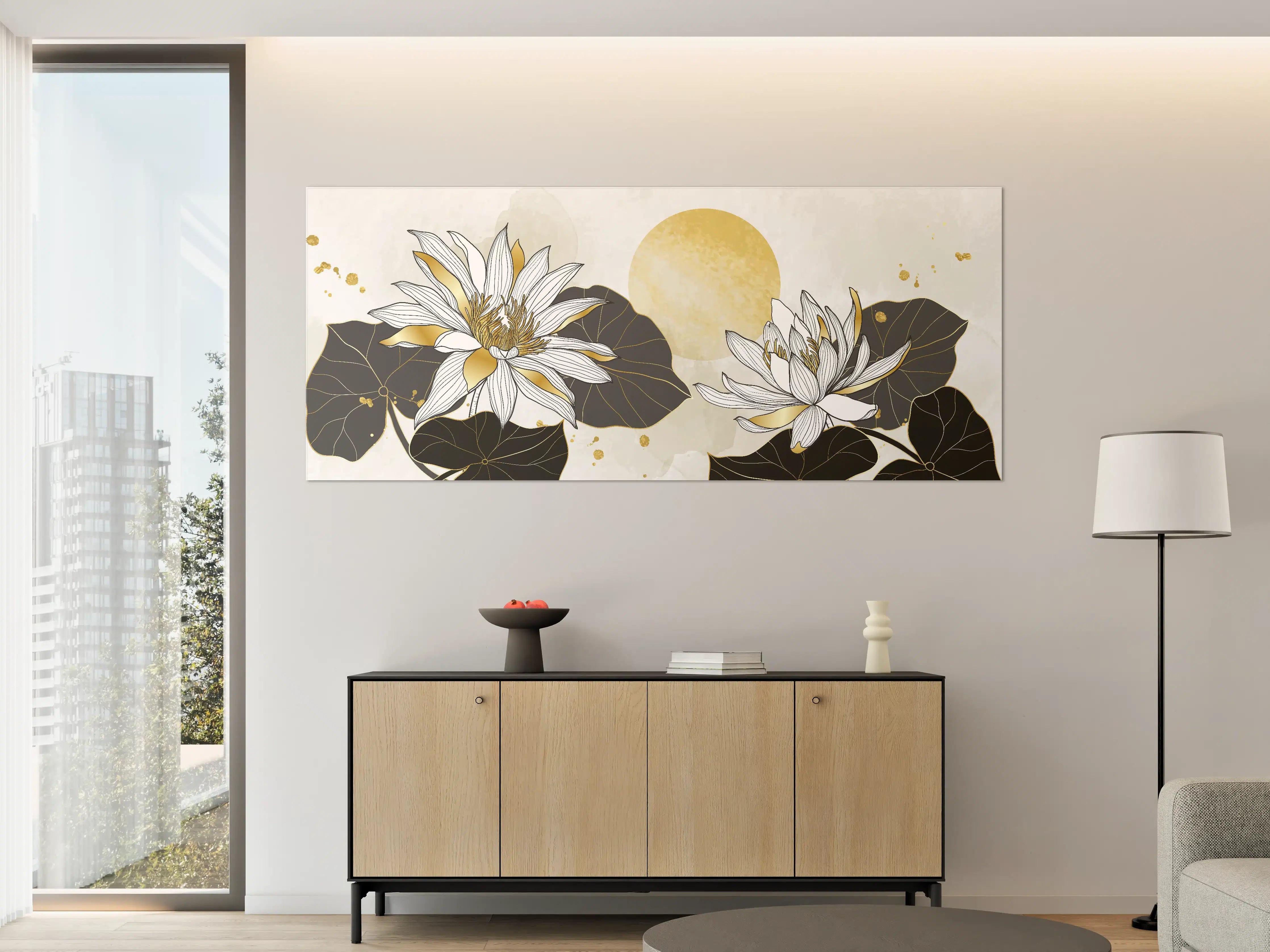 Große Wandbilder - Goldene Lotusblüten Illustration