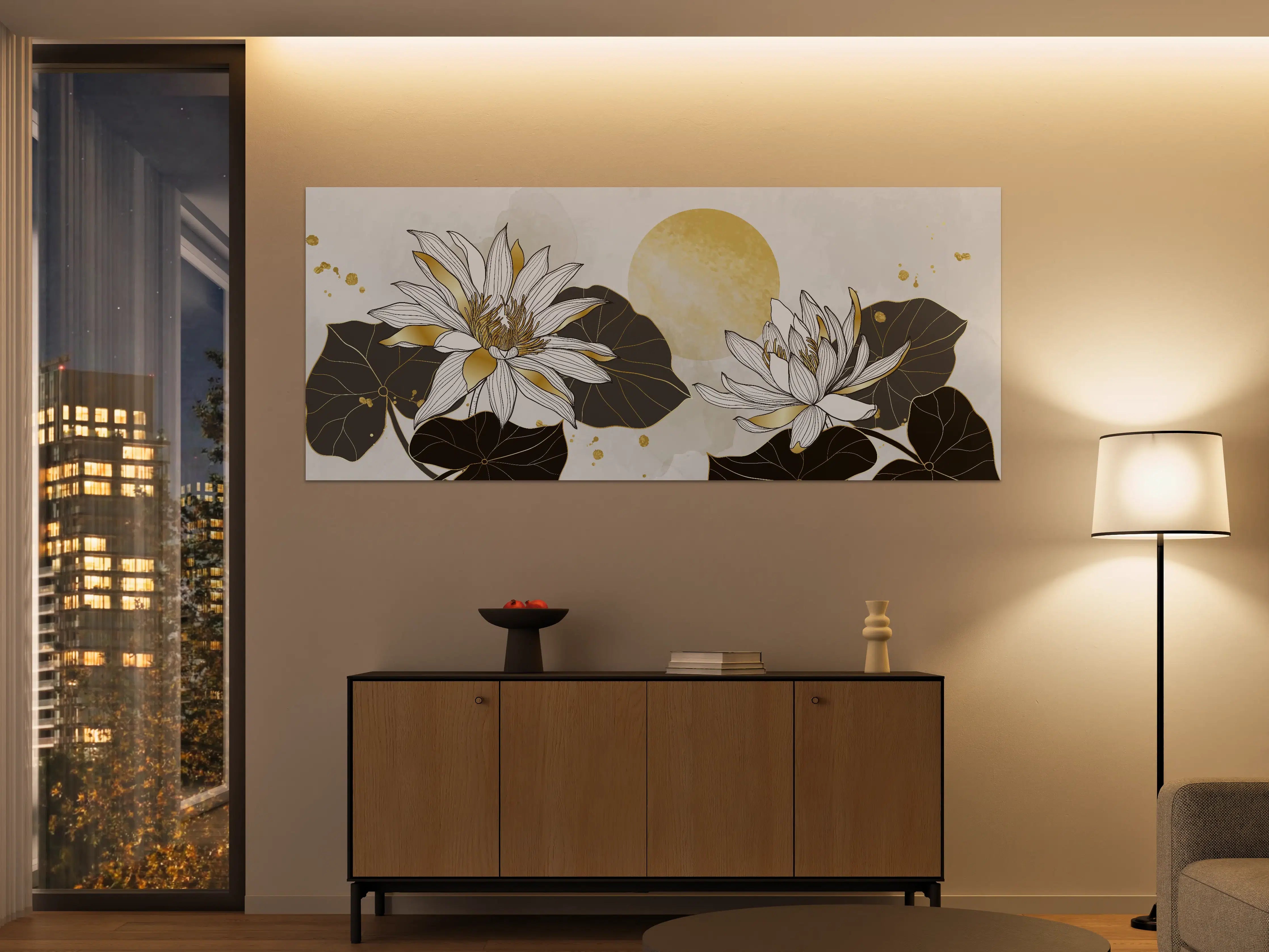 Große Wandbilder - Goldene Lotusblüten Illustration