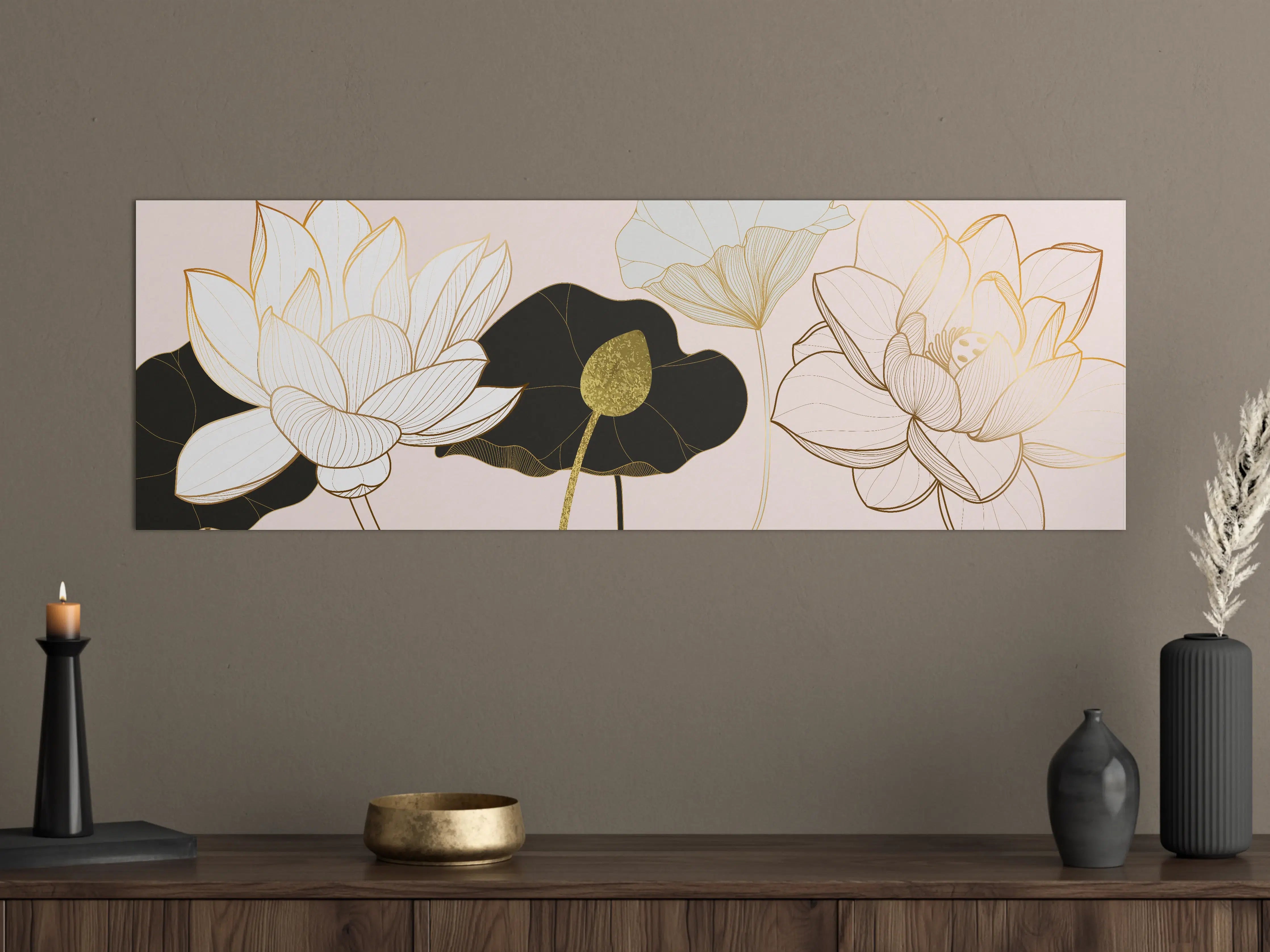 Große Wandbilder - Goldene Lotusblumen auf Schwarz