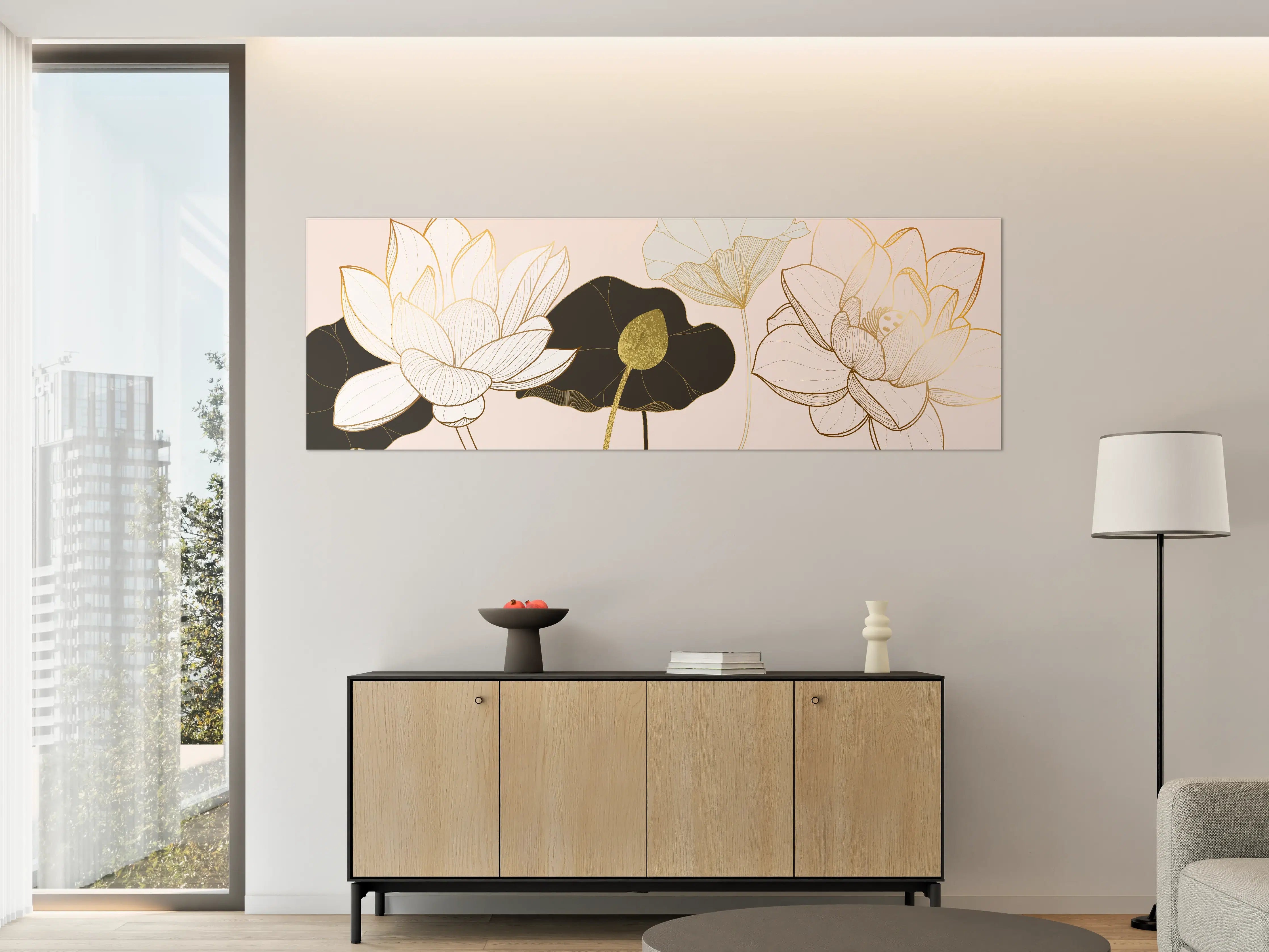 Große Wandbilder - Goldene Lotusblumen auf Schwarz