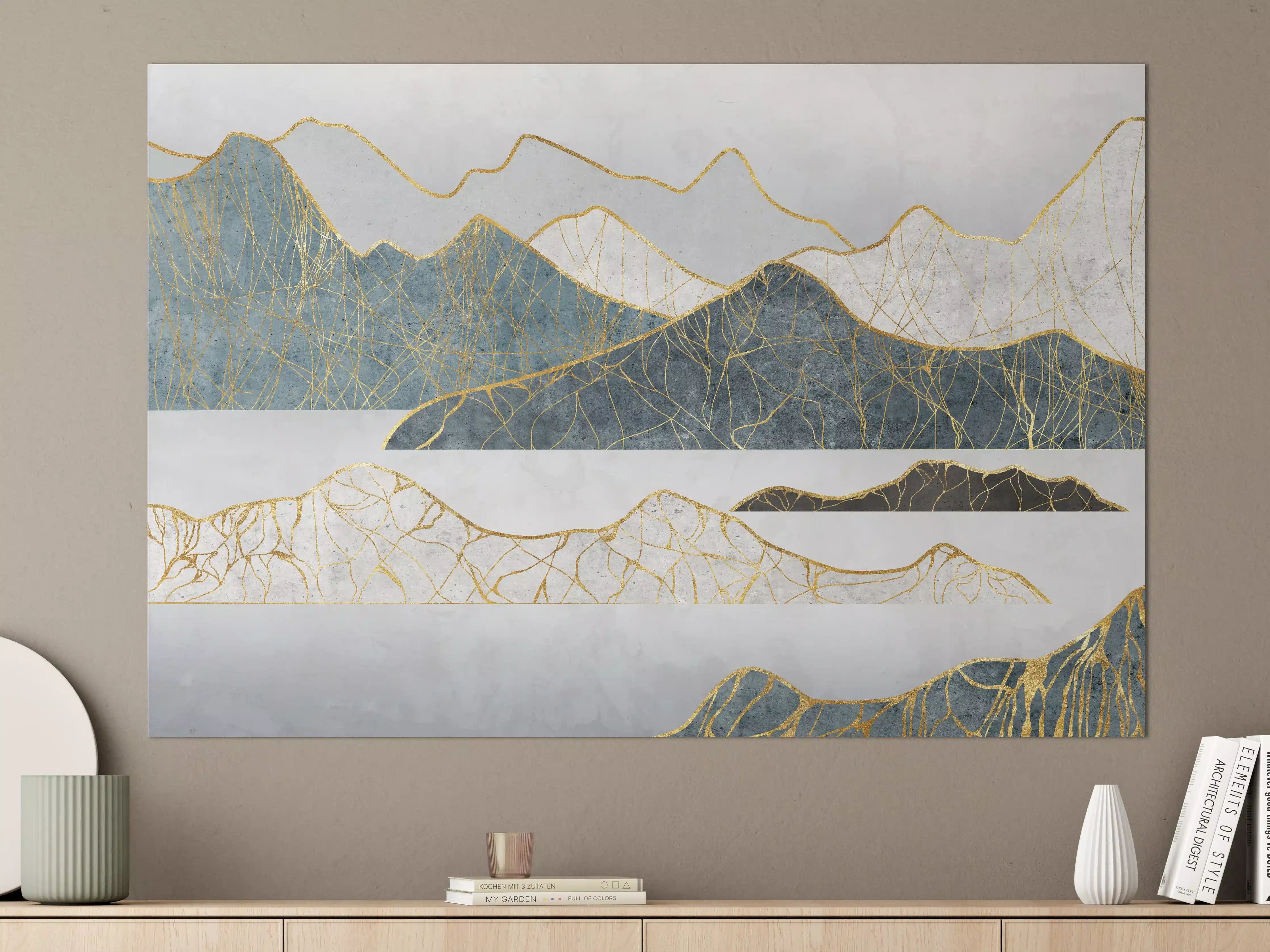 Große Wandbilder - Goldene Silhouetten einer Bergregion