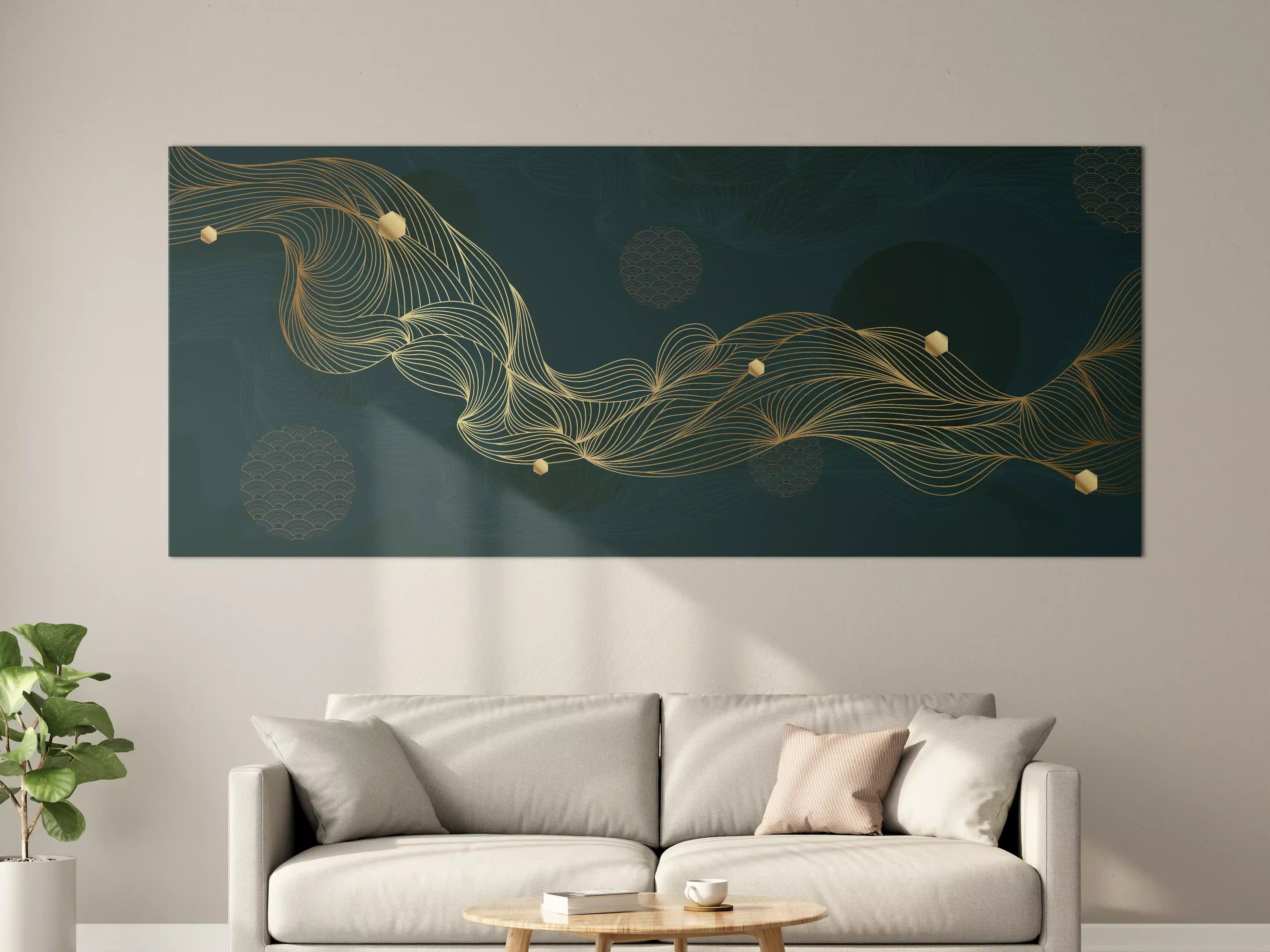 Große Wandbilder - Goldene Wellenlinien auf Dunkelblau