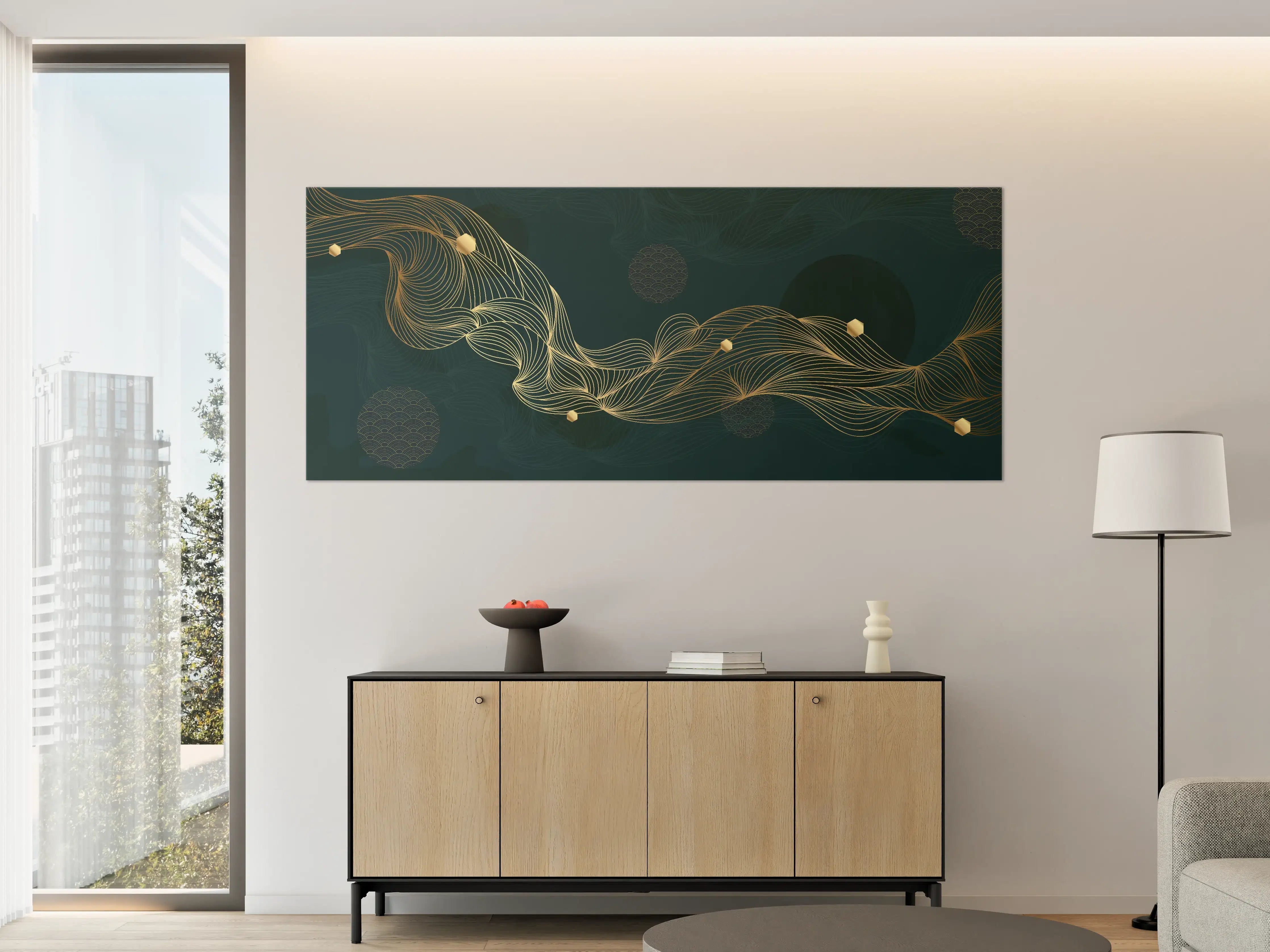 Große Wandbilder - Goldene Wellenlinien auf Dunkelblau