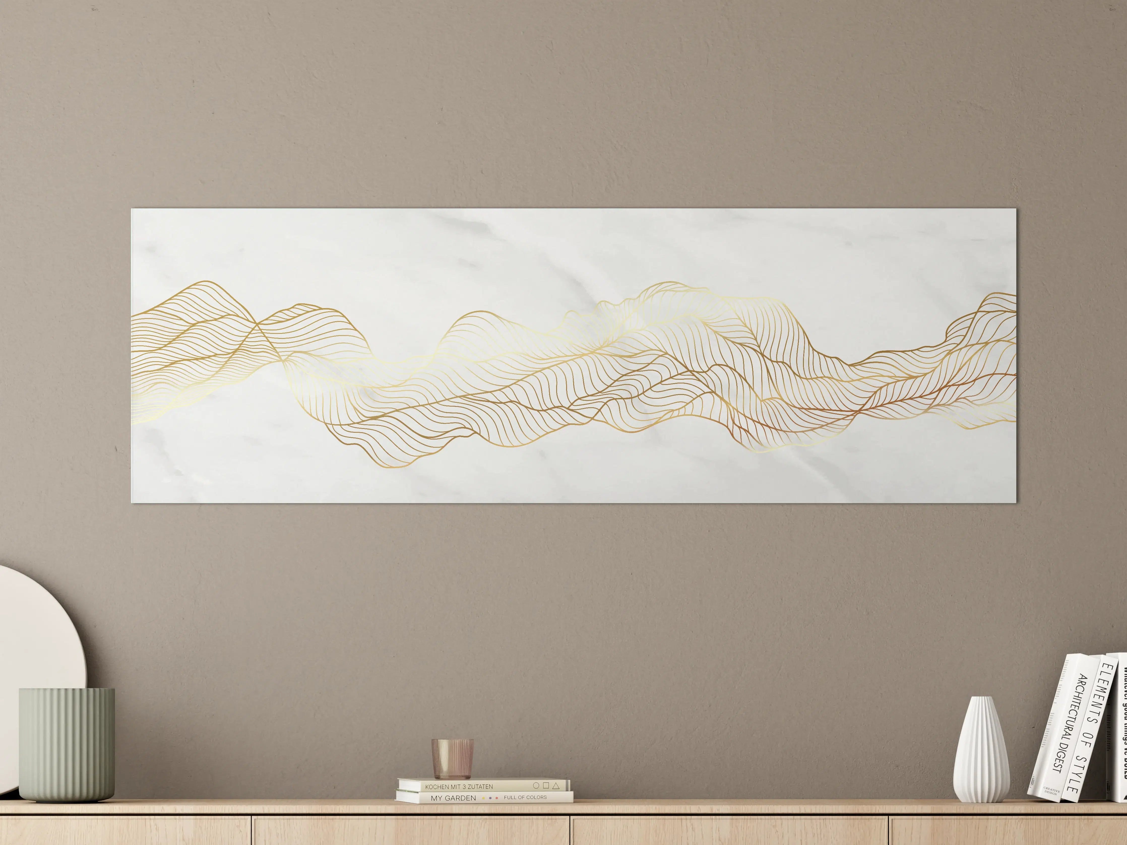 Große Wandbilder - Goldene Wellenlinien auf Marmor