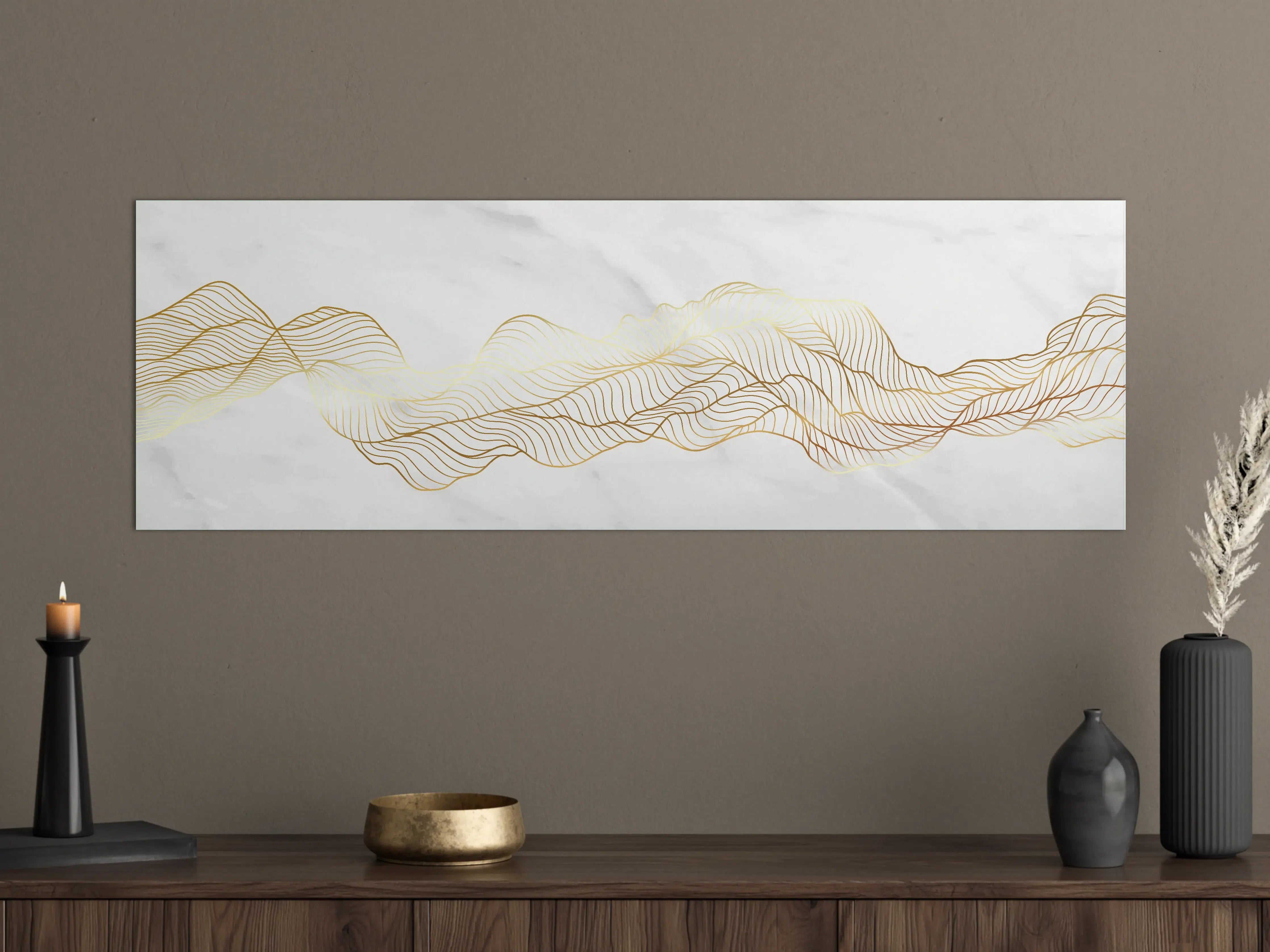 Große Wandbilder - Goldene Wellenlinien auf Marmor