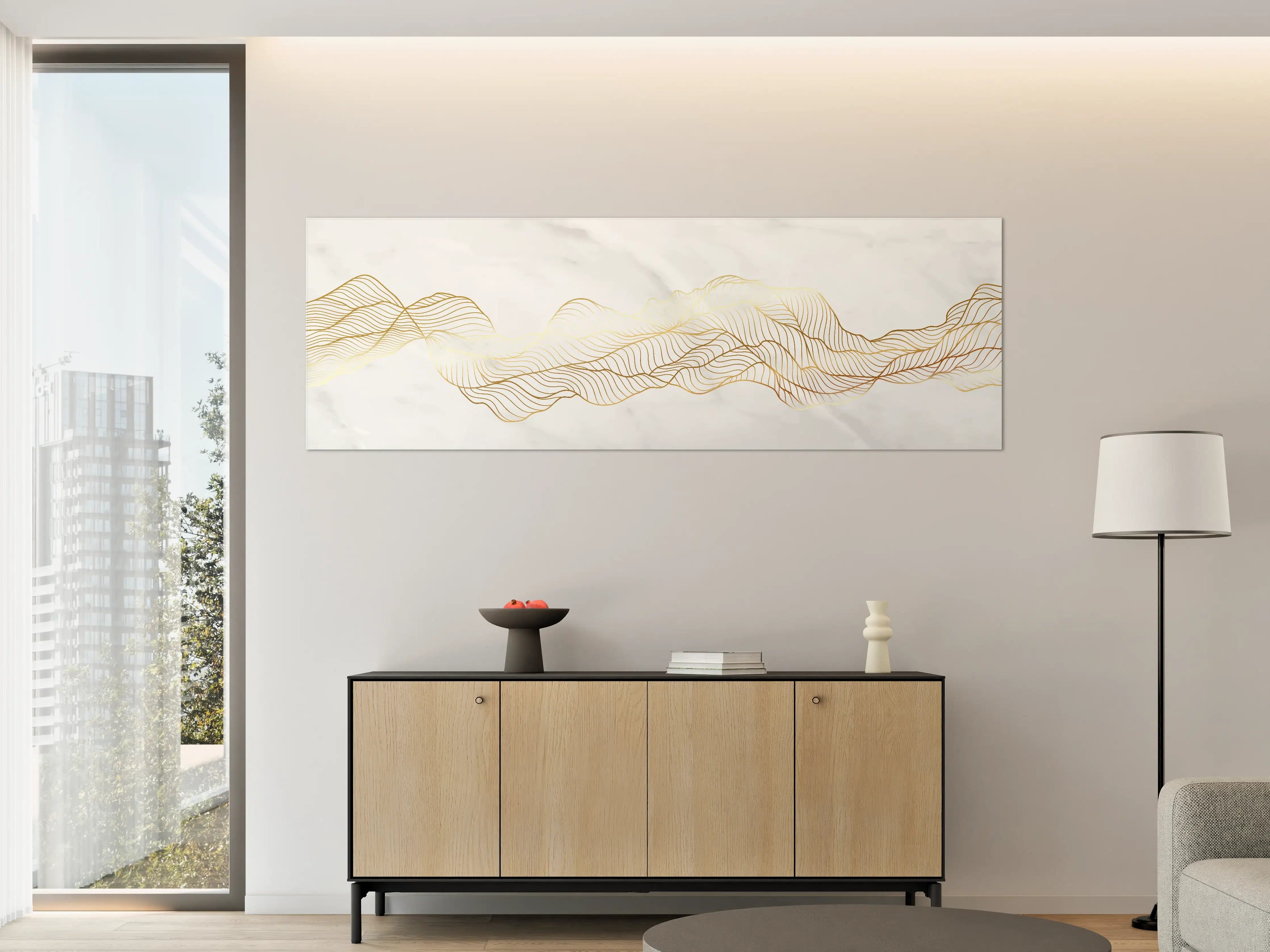 Große Wandbilder - Goldene Wellenlinien auf Marmor