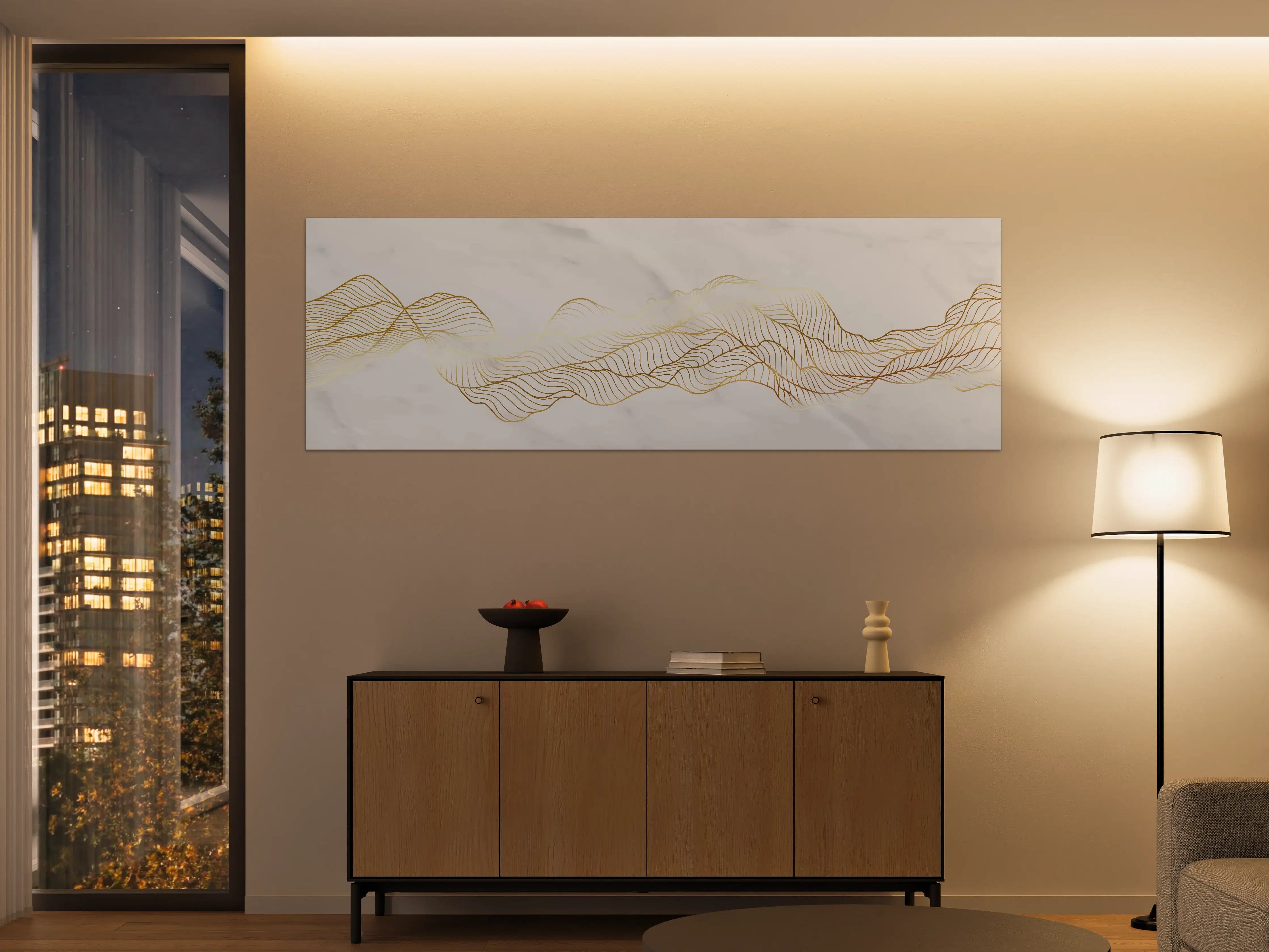 Große Wandbilder - Goldene Wellenlinien auf Marmor