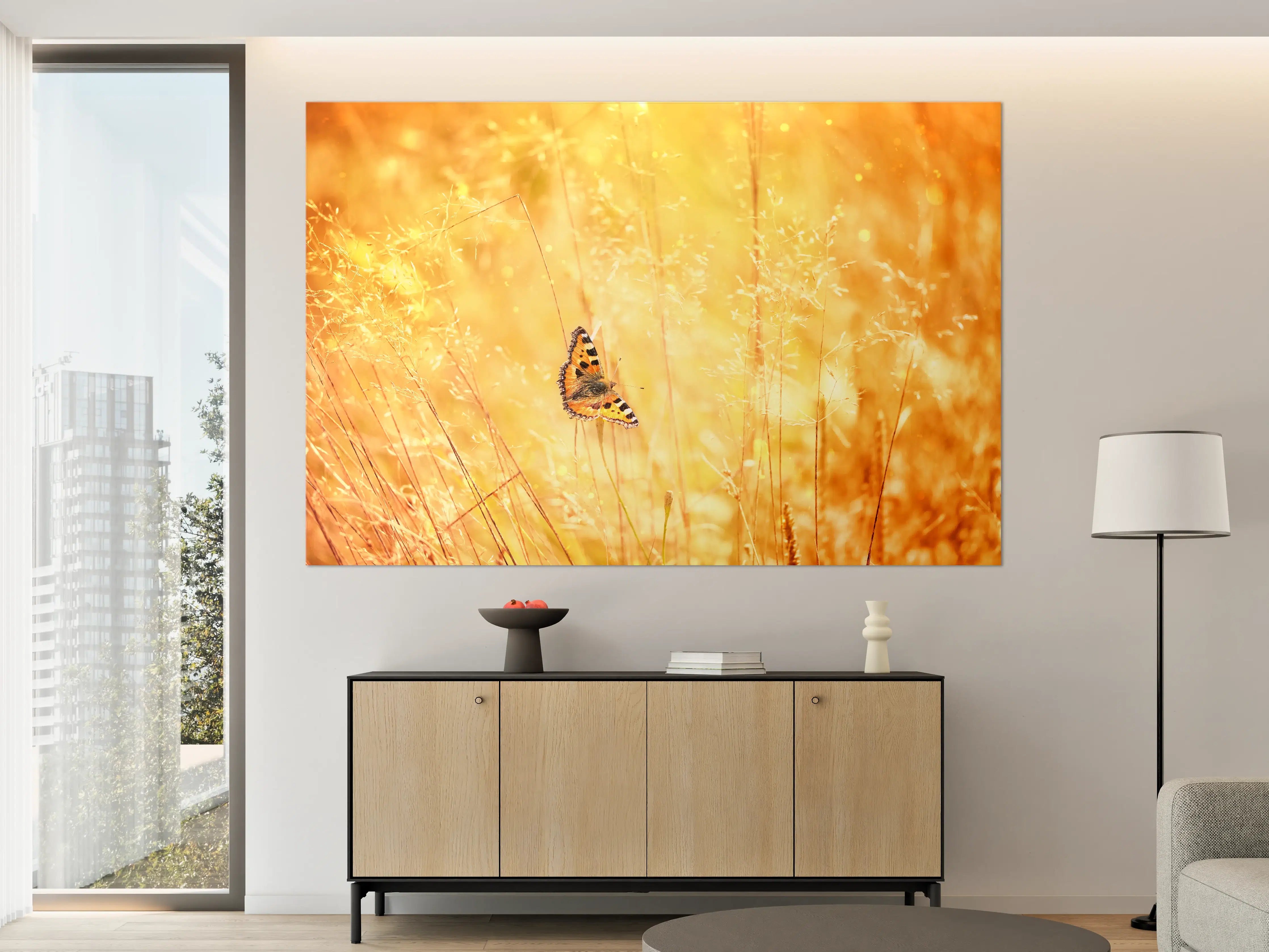 Große Wandbilder - Goldener Sonnenuntergang mit Schmetterling