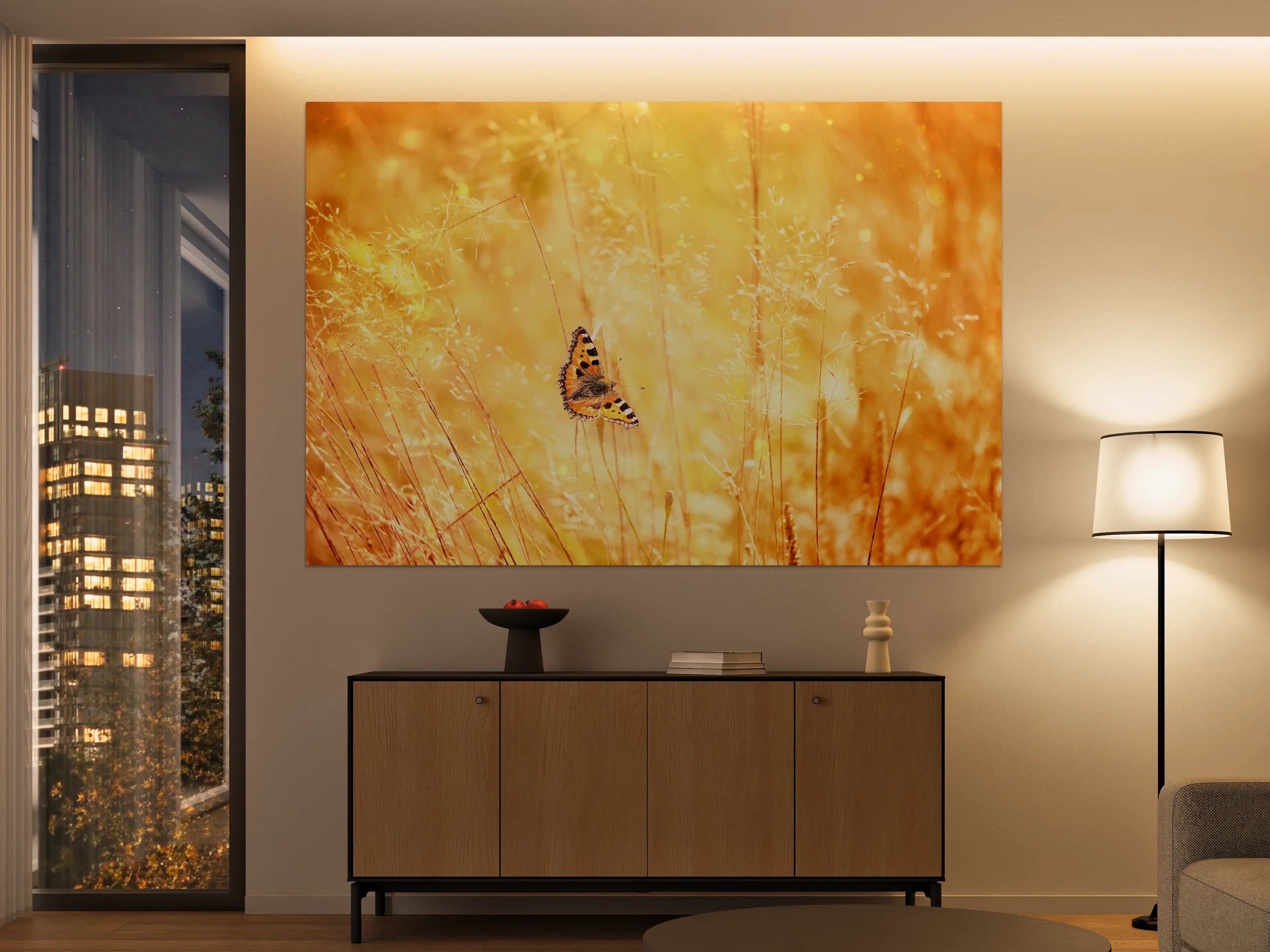 Große Wandbilder - Goldener Sonnenuntergang mit Schmetterling