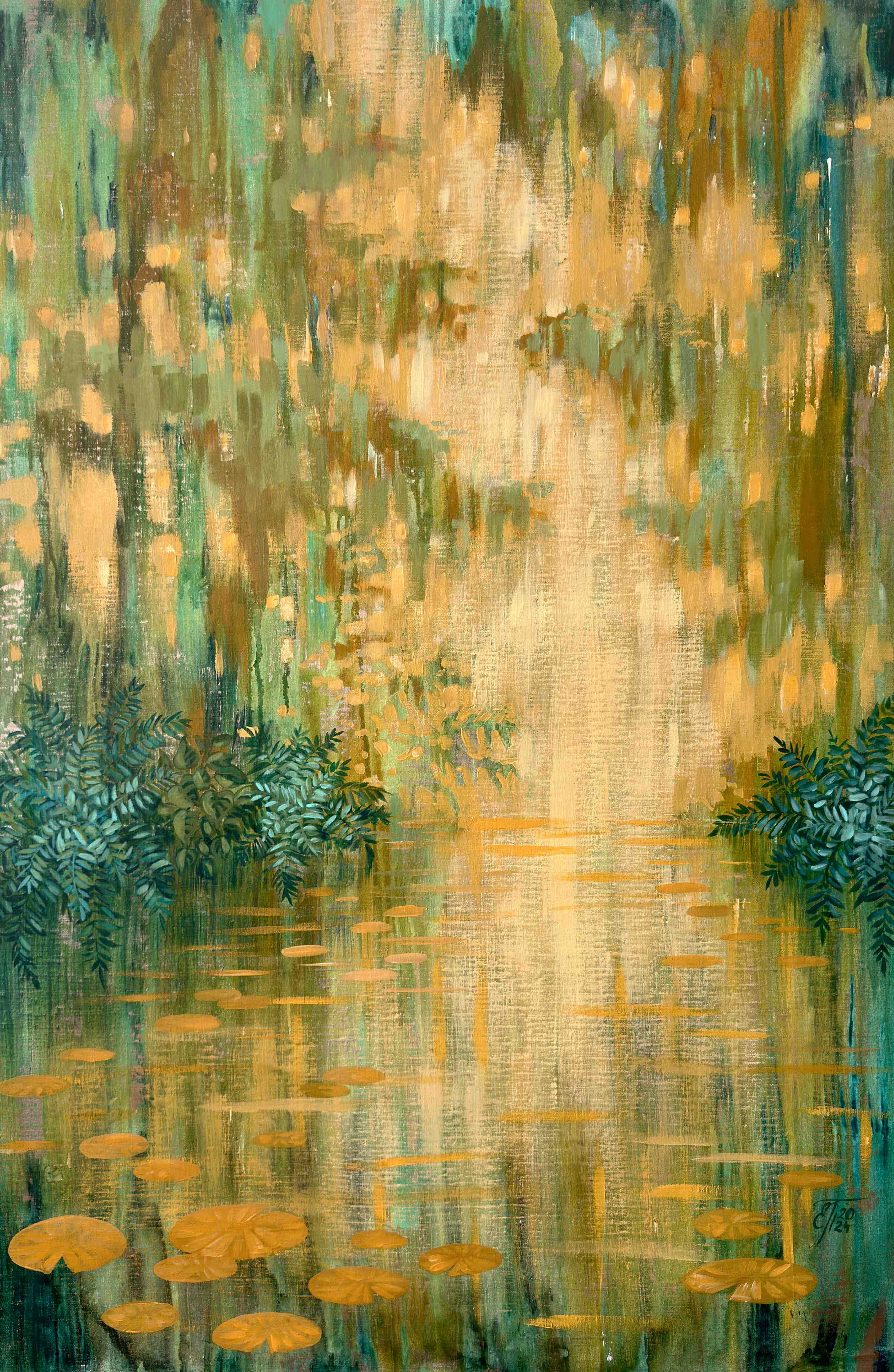 Große Wandbilder-Goldener Sonnenuntergang über Seerosenteich mit reflektierendem Wasser