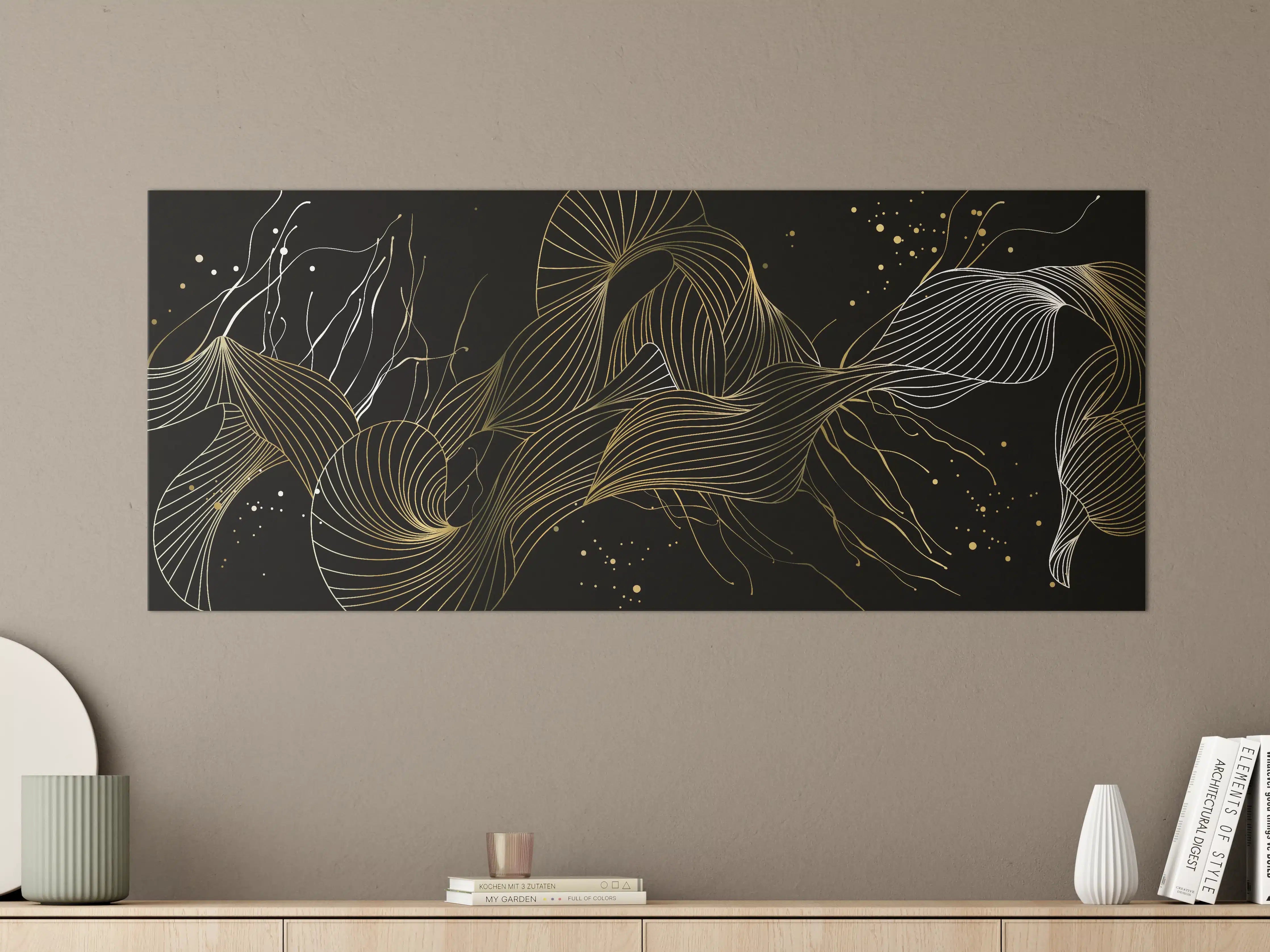 Große Wandbilder - Goldenes Linienmuster auf Schwarz