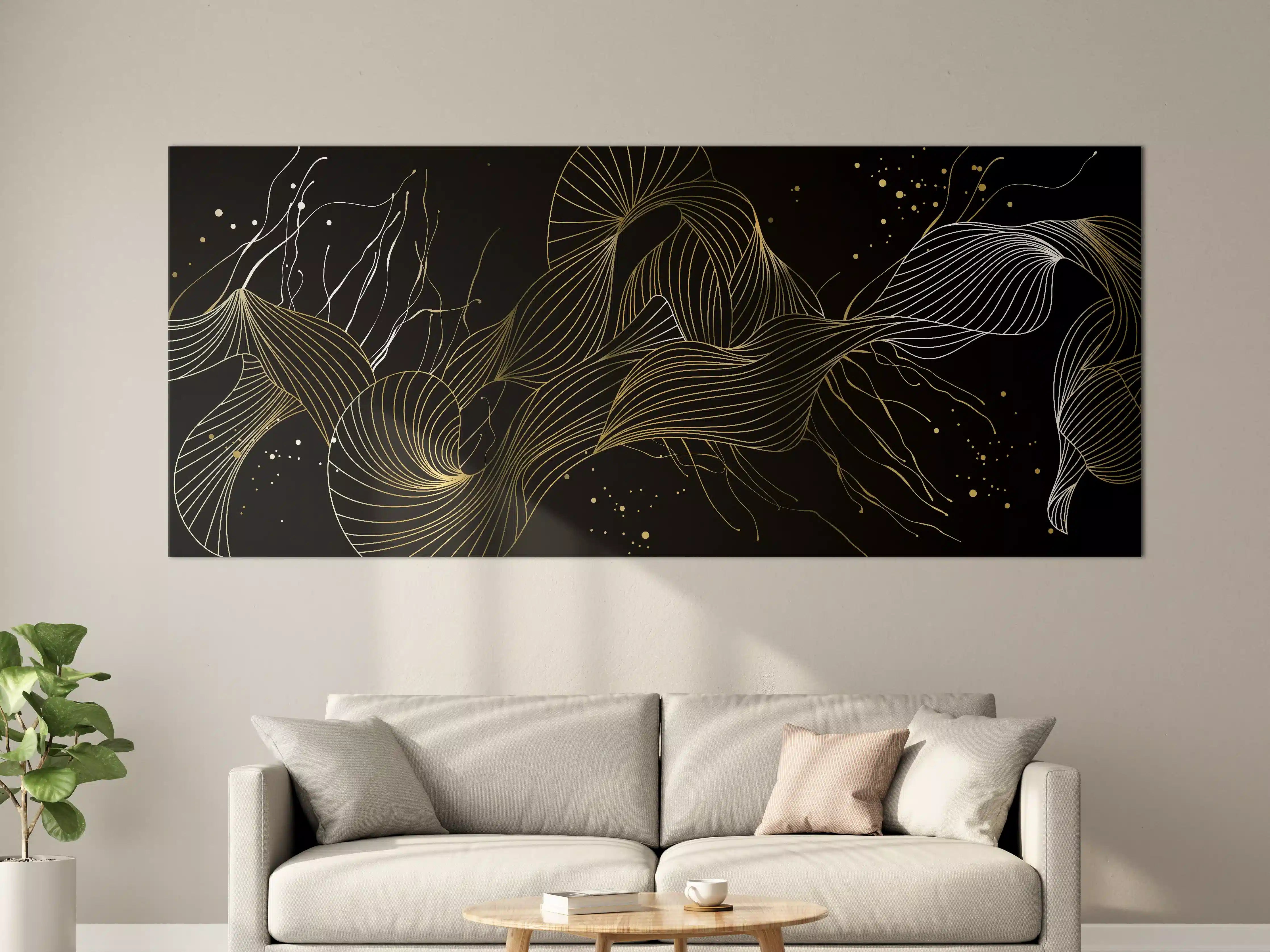 Große Wandbilder - Goldenes Linienmuster auf Schwarz