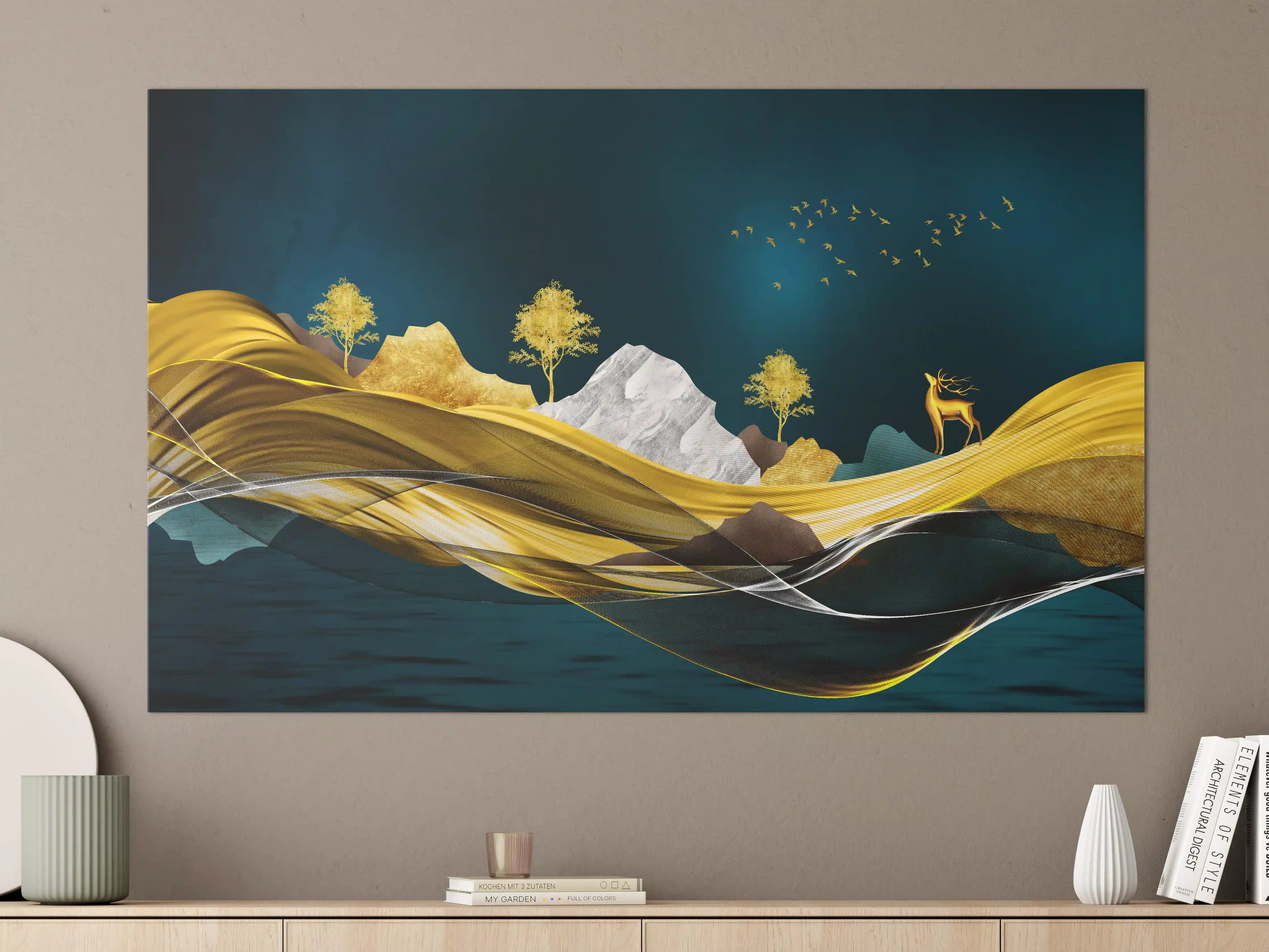 Große Wandbilder - Goldenes Wellendesign - 3D 