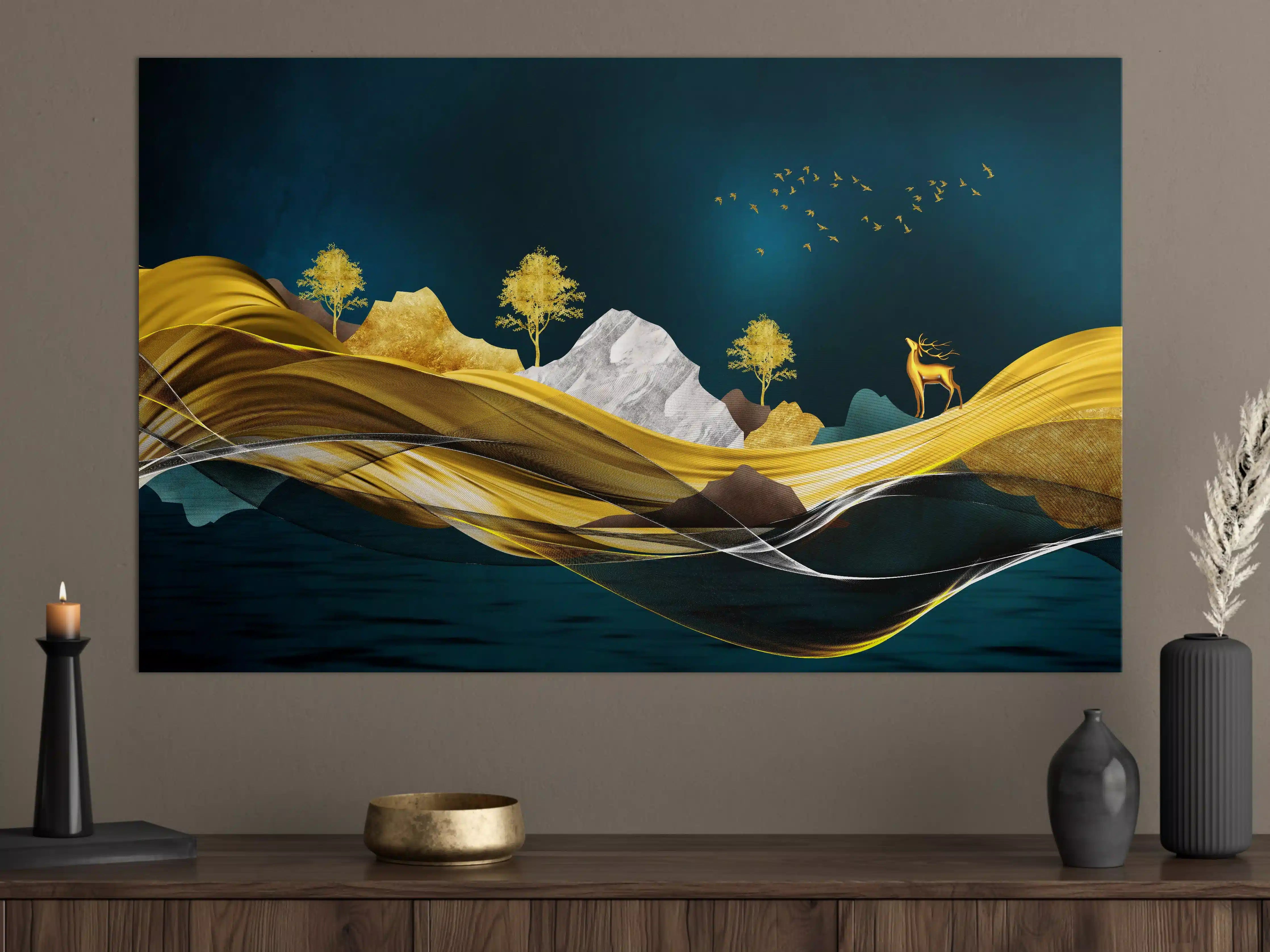Große Wandbilder - Goldenes Wellendesign - 3D 