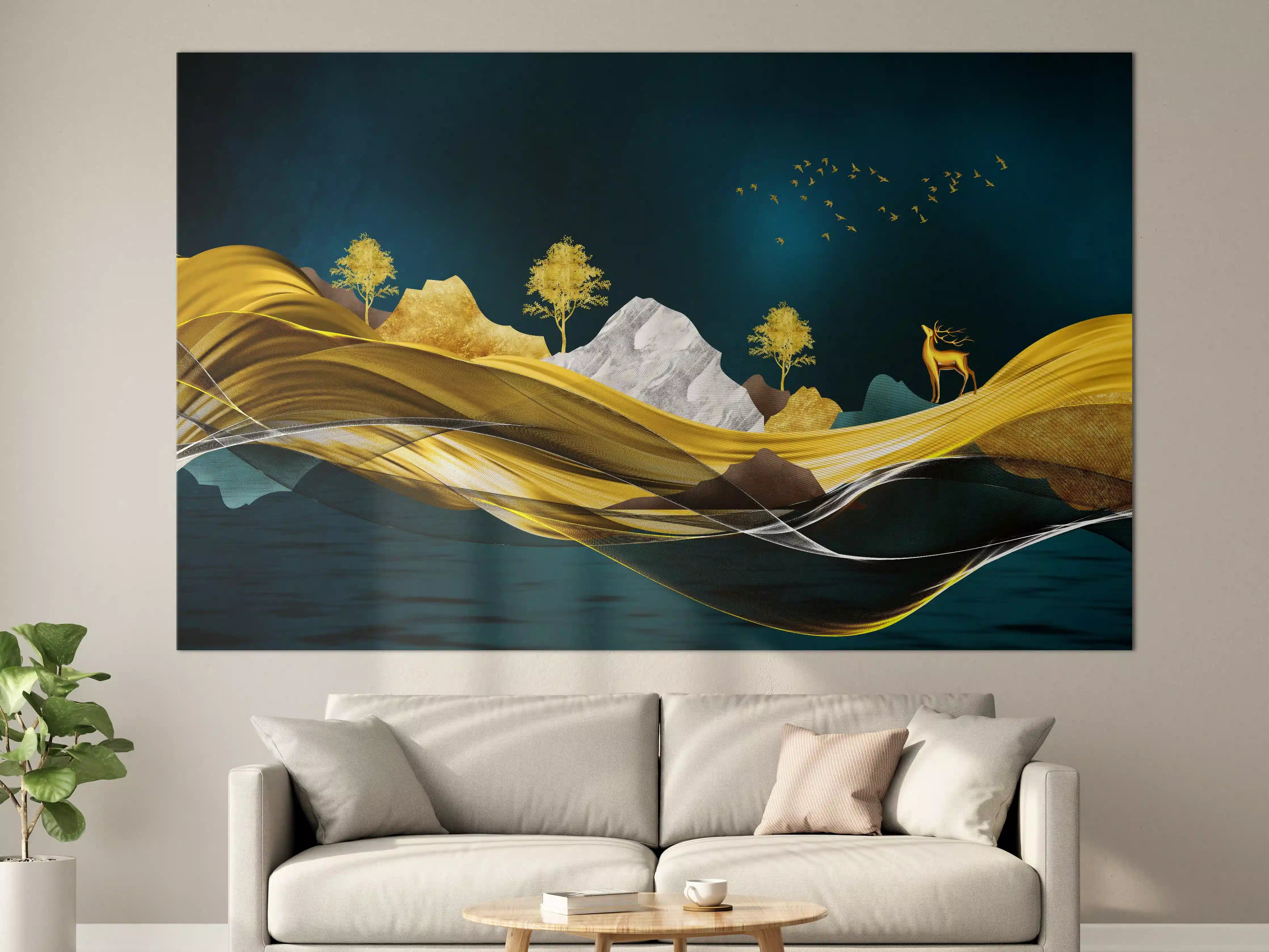 Große Wandbilder - Goldenes Wellendesign - 3D 