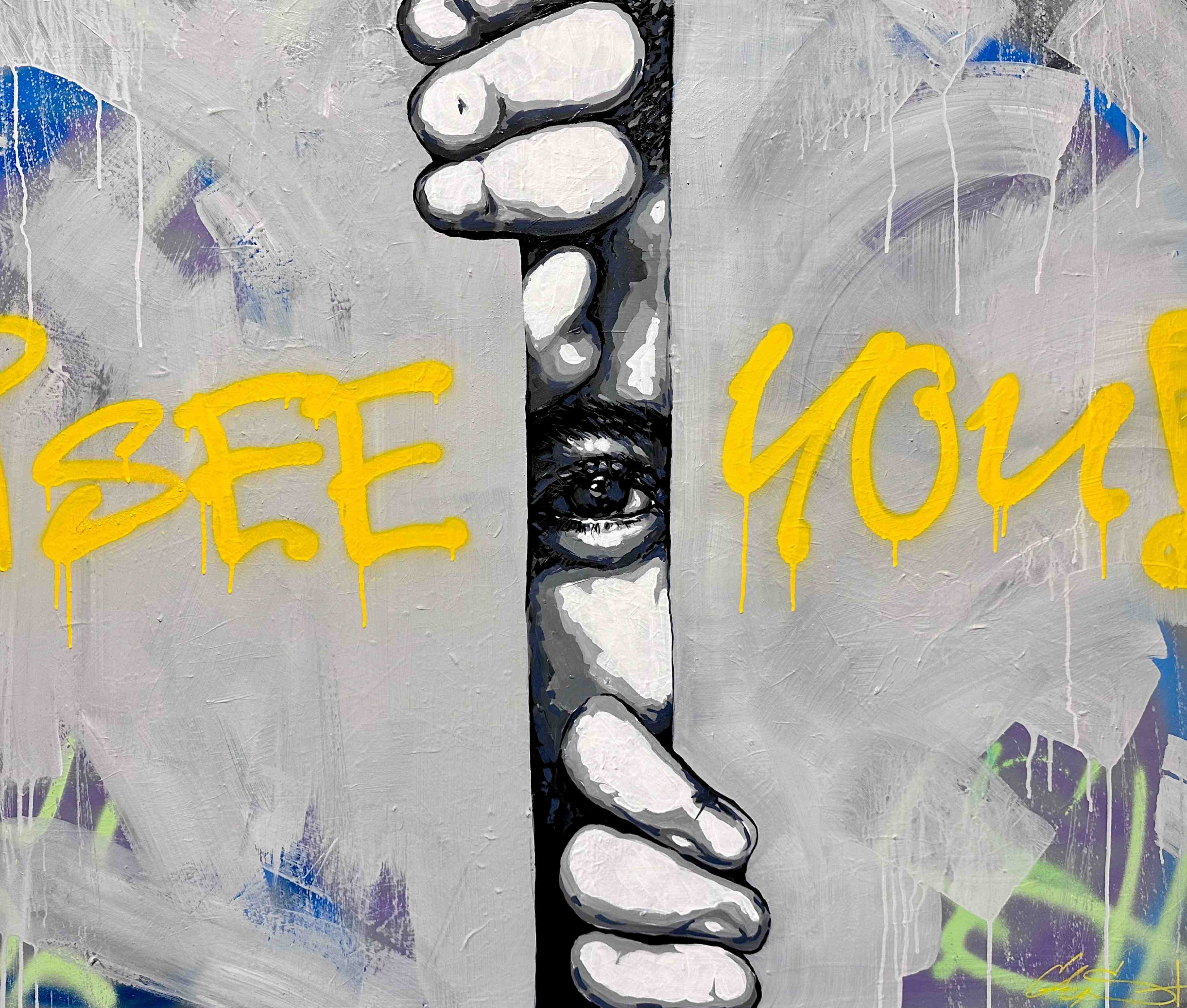 Große Wandbilder-Graffiti-Kunst mit Augen- und Handmotiv