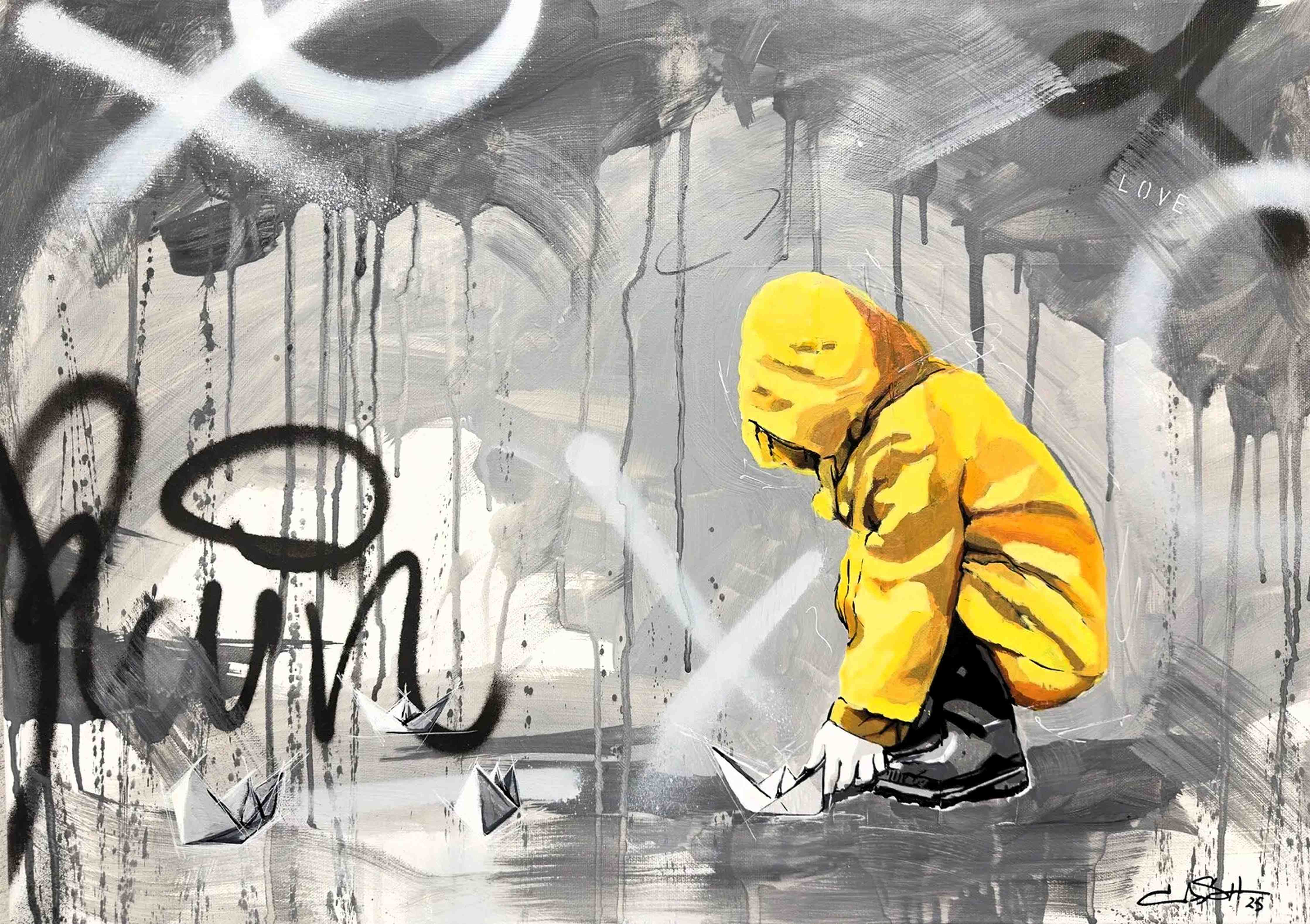 Große Wandbilder-Graffiti-Kunstwerk mit kindlicher Szene in Gelb
