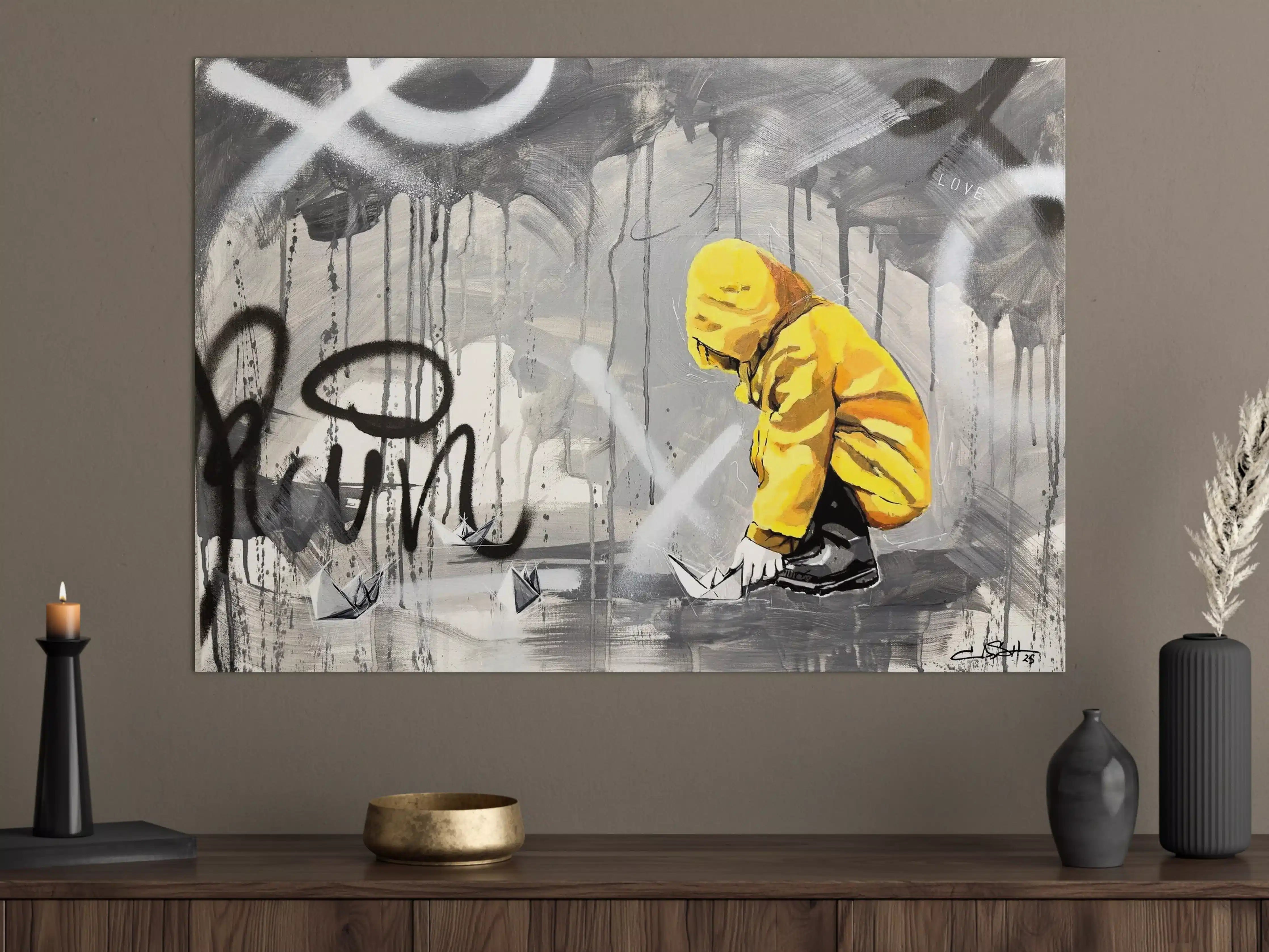 Große Wandbilder - Graffiti-Kunstwerk mit kindlicher Szene in Gelb