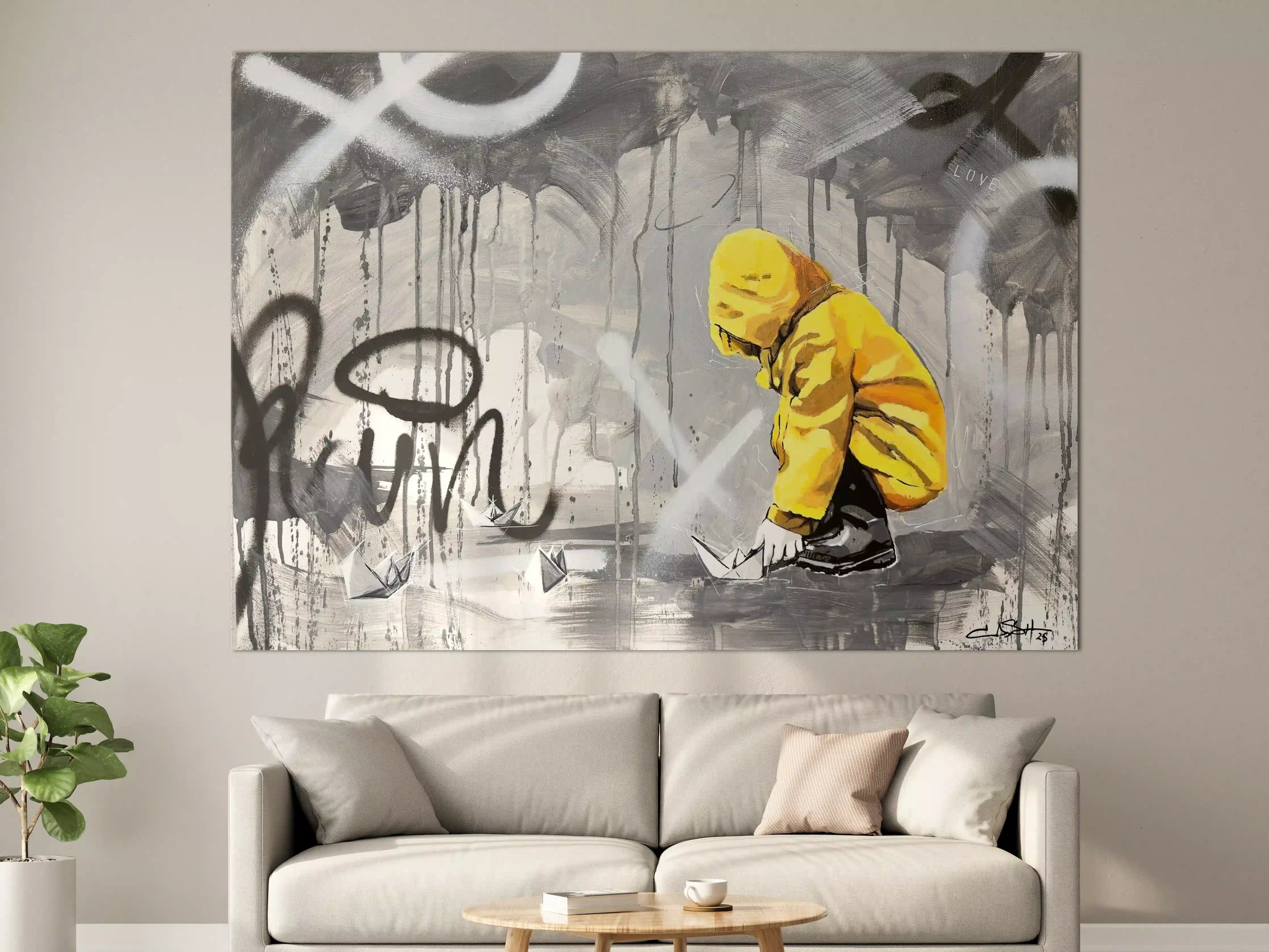 Große Wandbilder - Graffiti-Kunstwerk mit kindlicher Szene in Gelb