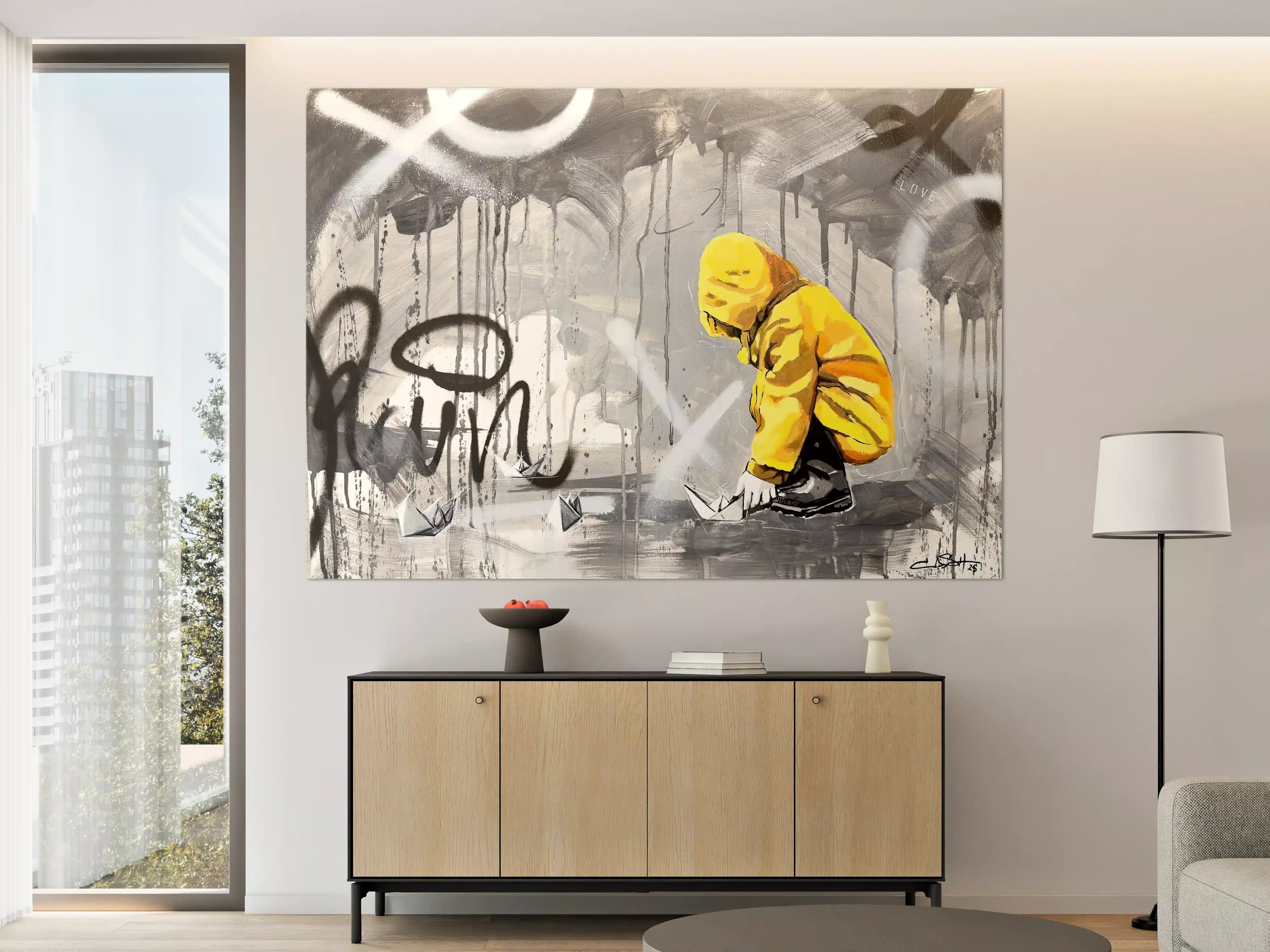 Große Wandbilder - Graffiti-Kunstwerk mit kindlicher Szene in Gelb