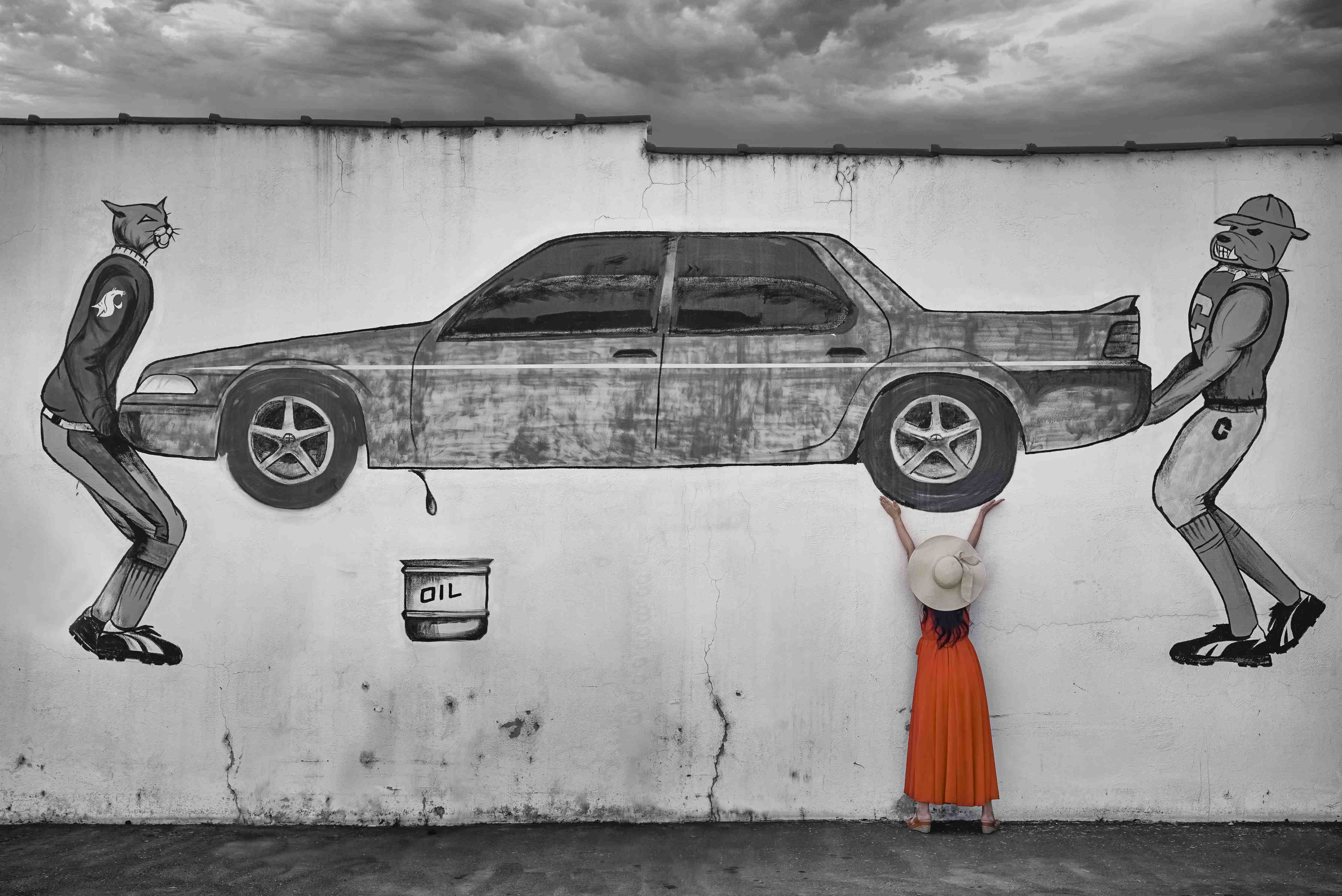 Große Wandbilder-Graffiti-Malerei eines Autos mit stilvollen Figuren