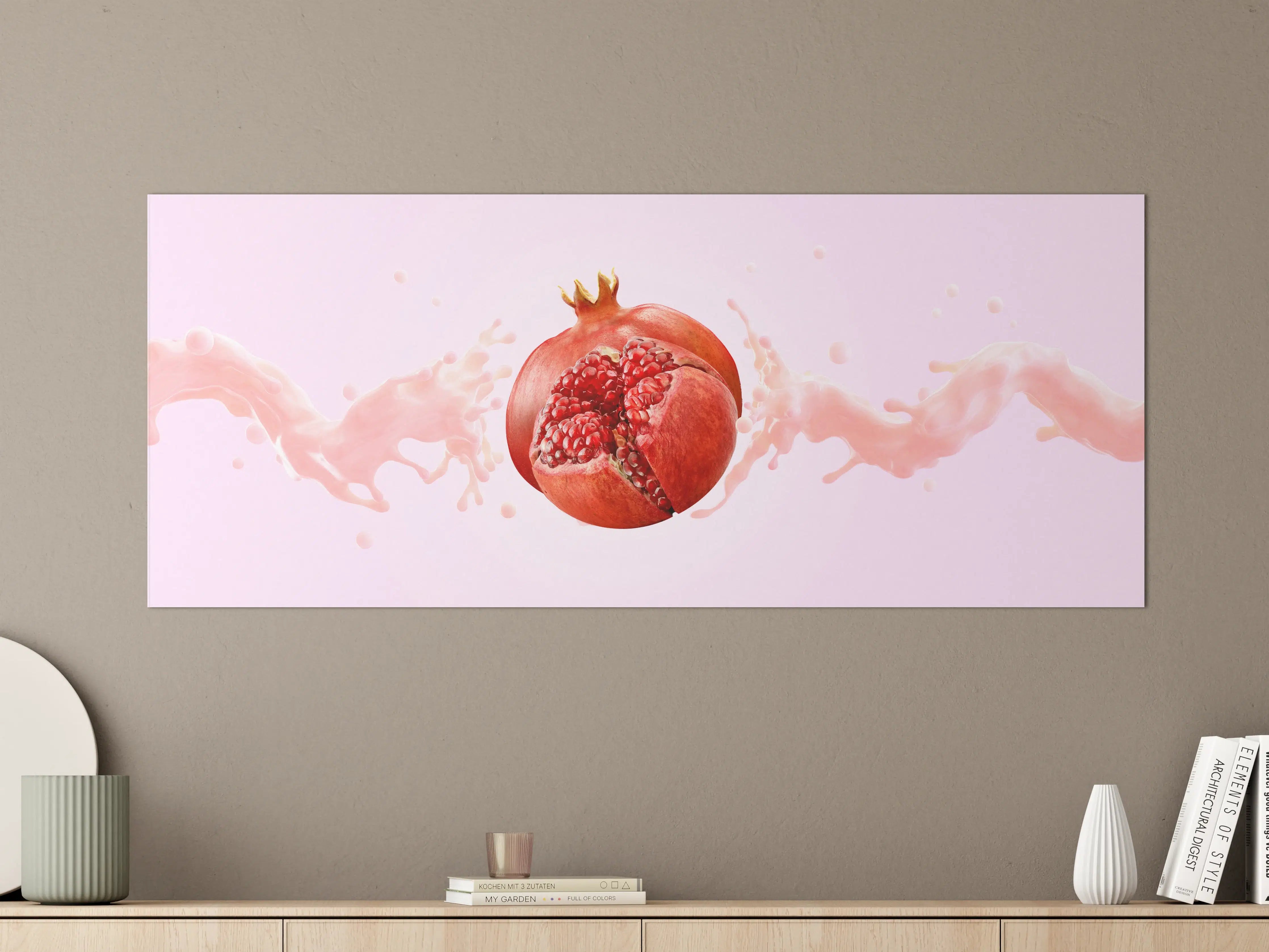 Große Wandbilder - Granatapfel mit rosa Milch-Splash