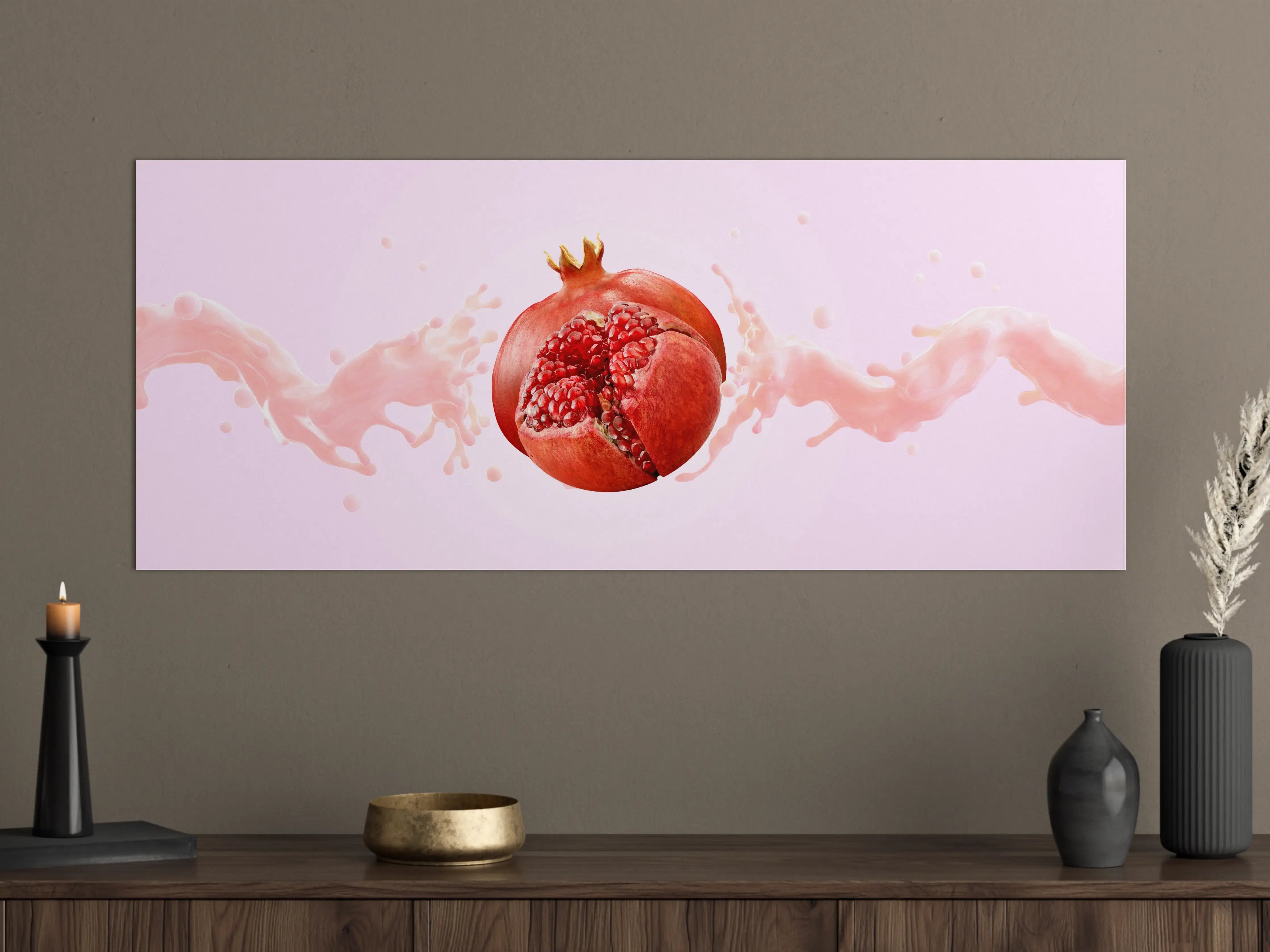 Große Wandbilder - Granatapfel mit rosa Milch-Splash
