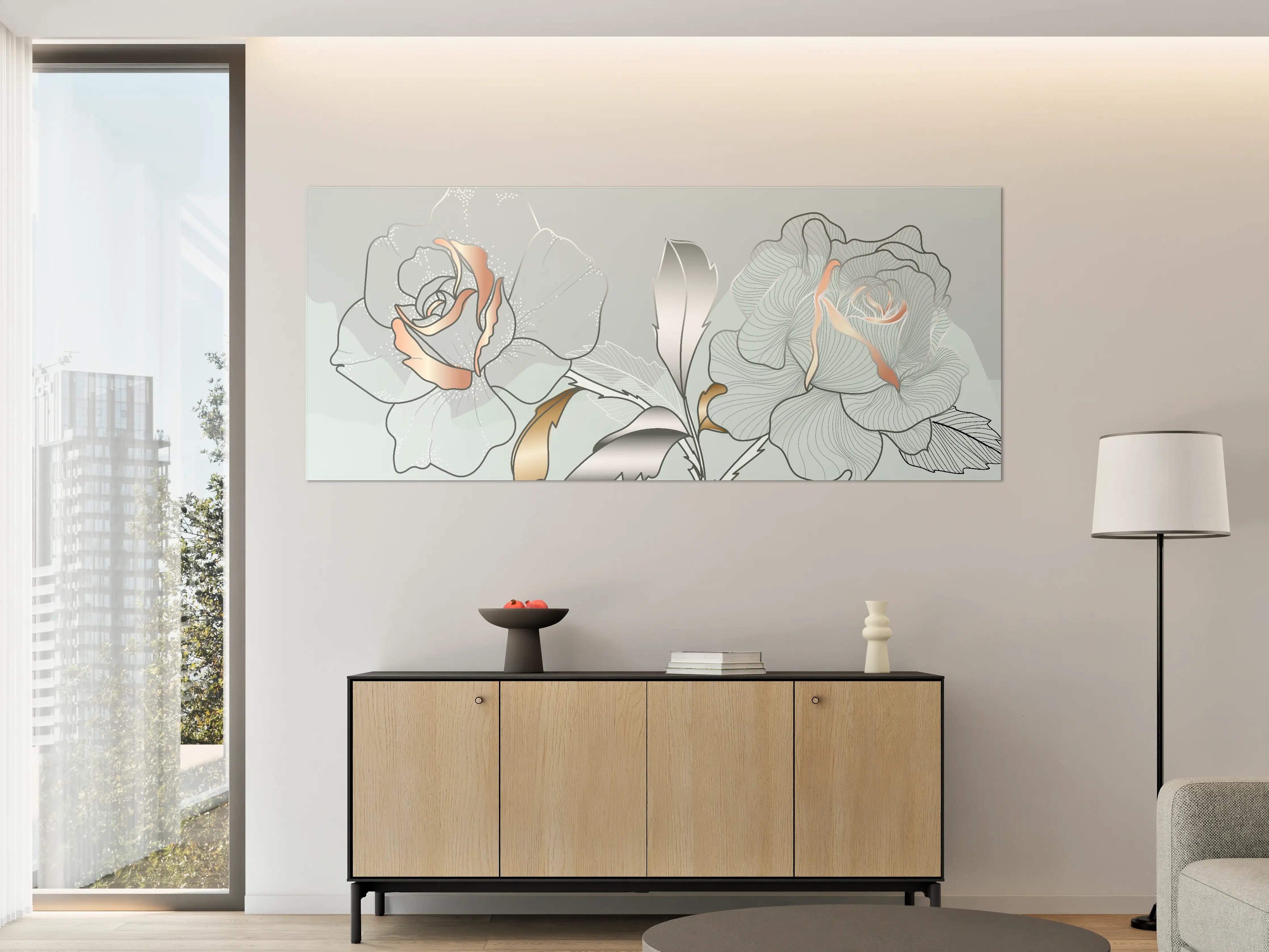 Große Wandbilder - Grau-Weiße Blumenillustration