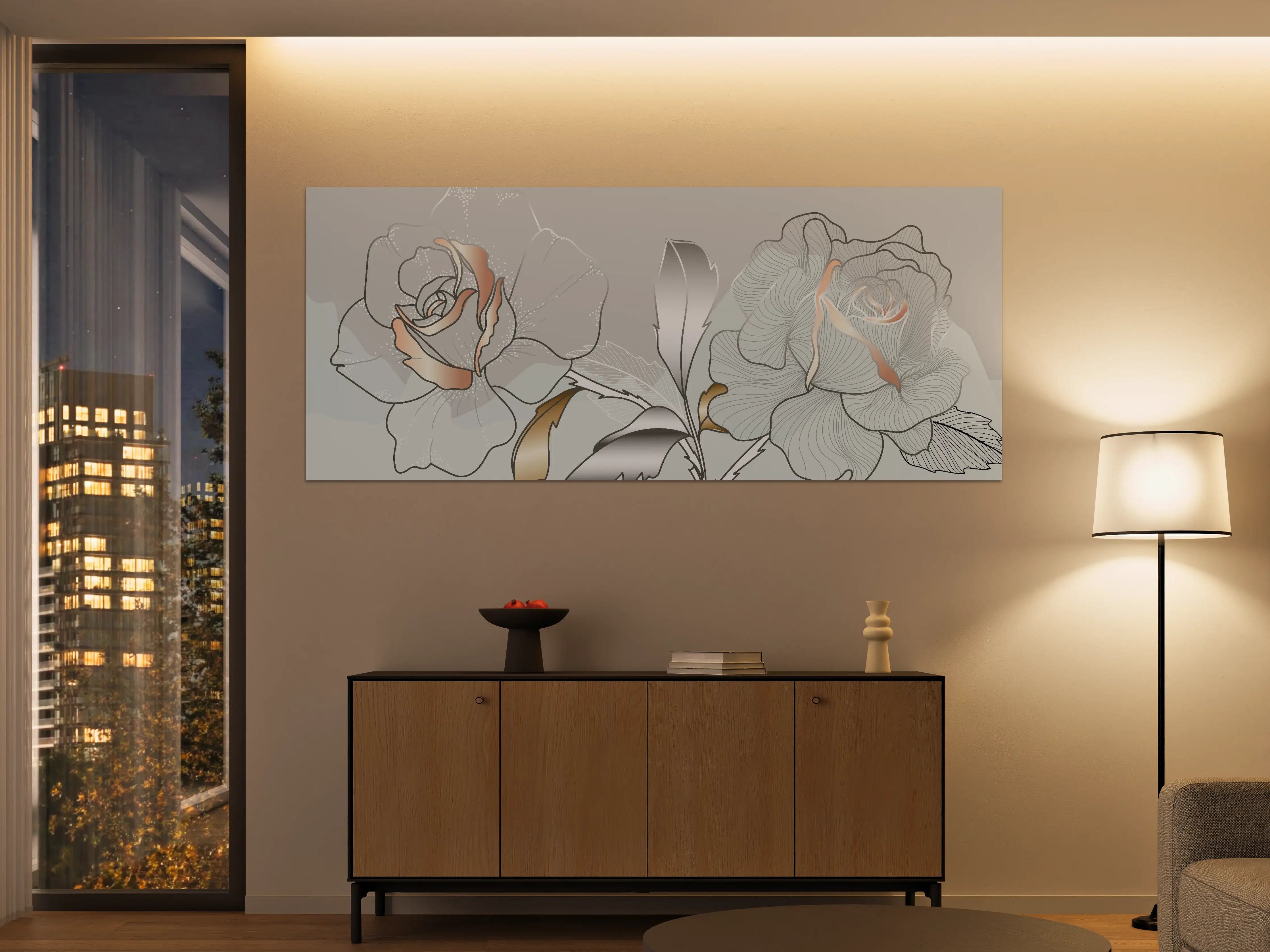 Große Wandbilder - Grau-Weiße Blumenillustration