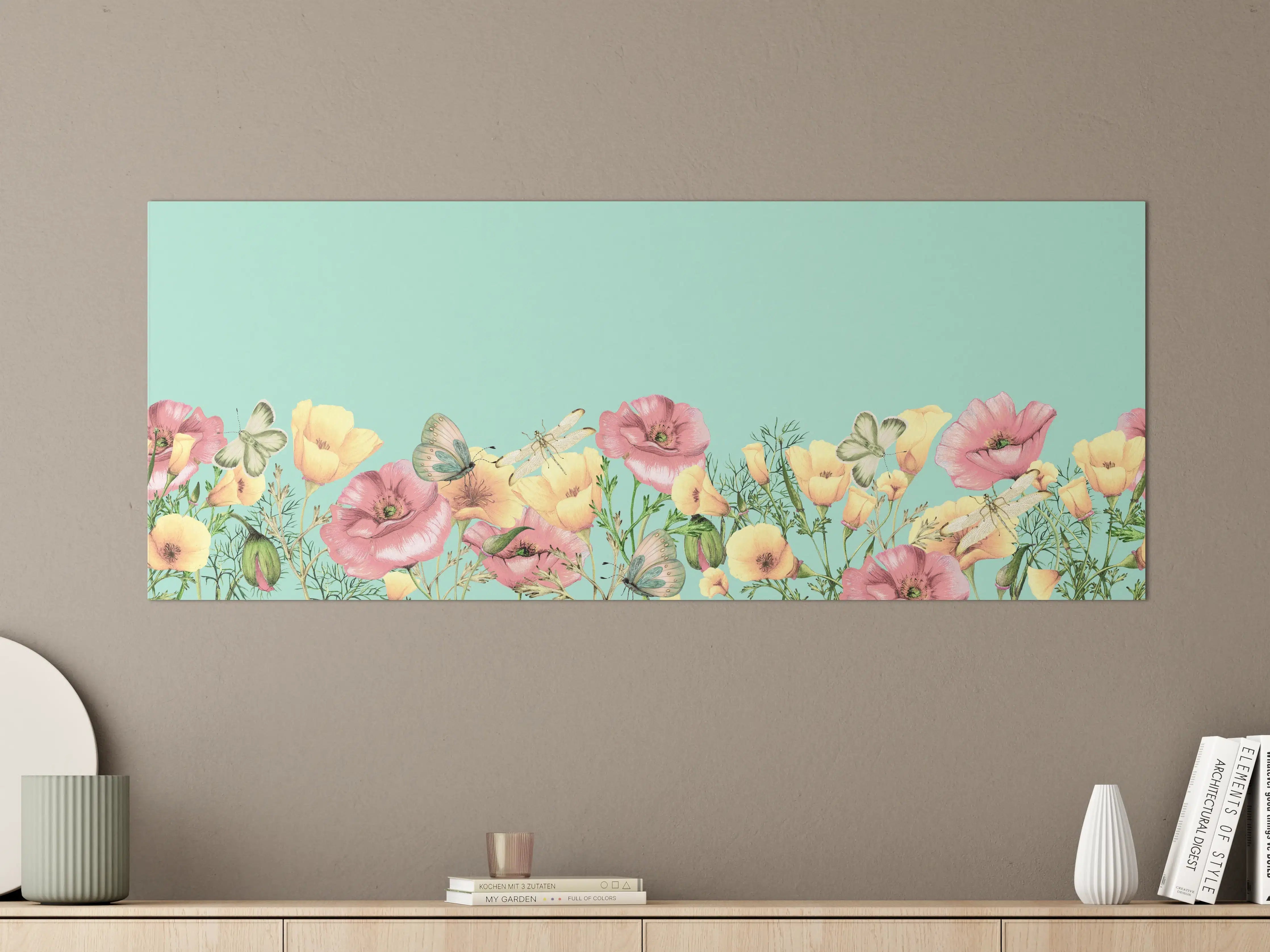 Große Wandbilder - Graue Blumen mit Schmetterlingen