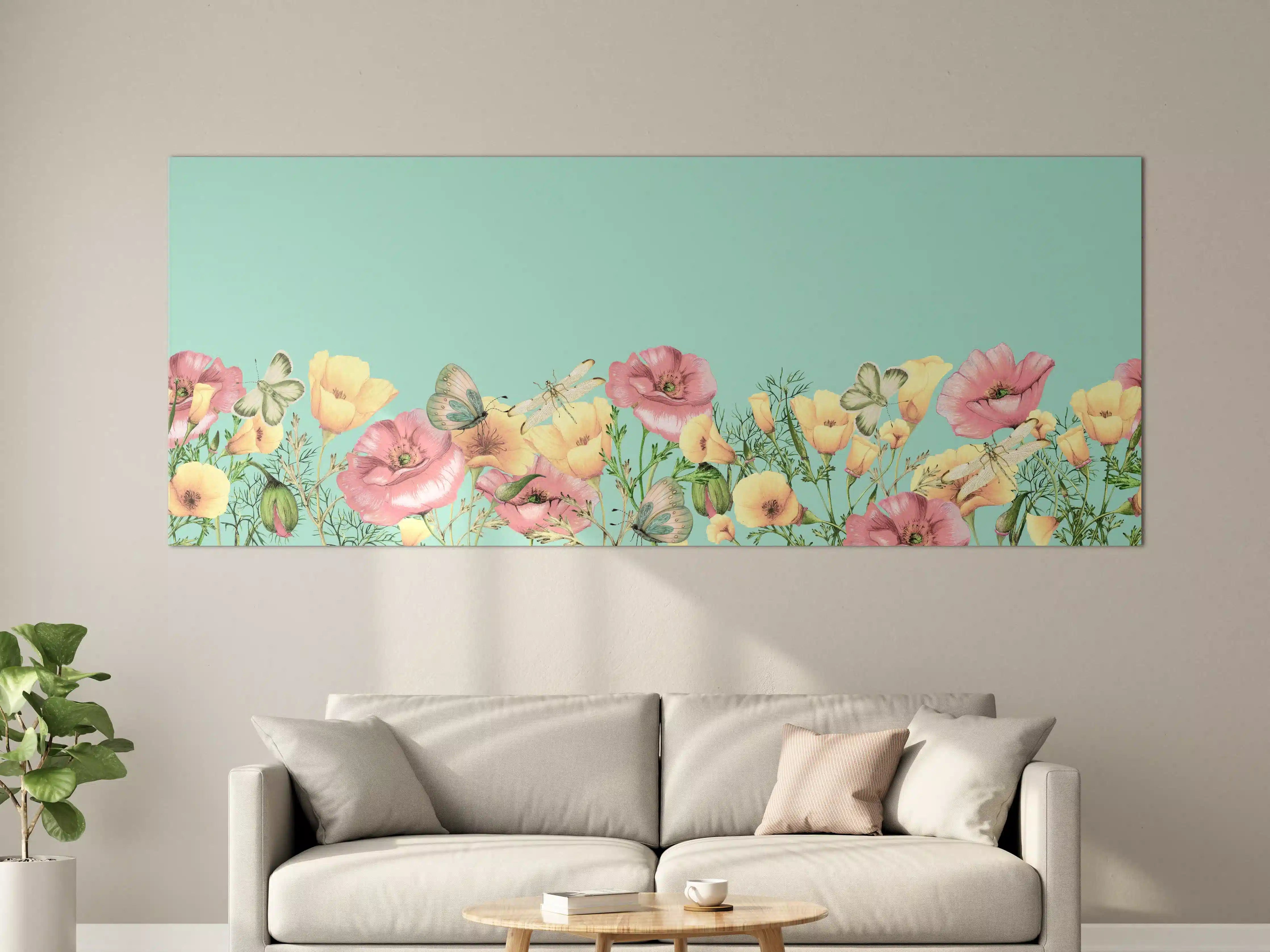 Große Wandbilder - Graue Blumen mit Schmetterlingen