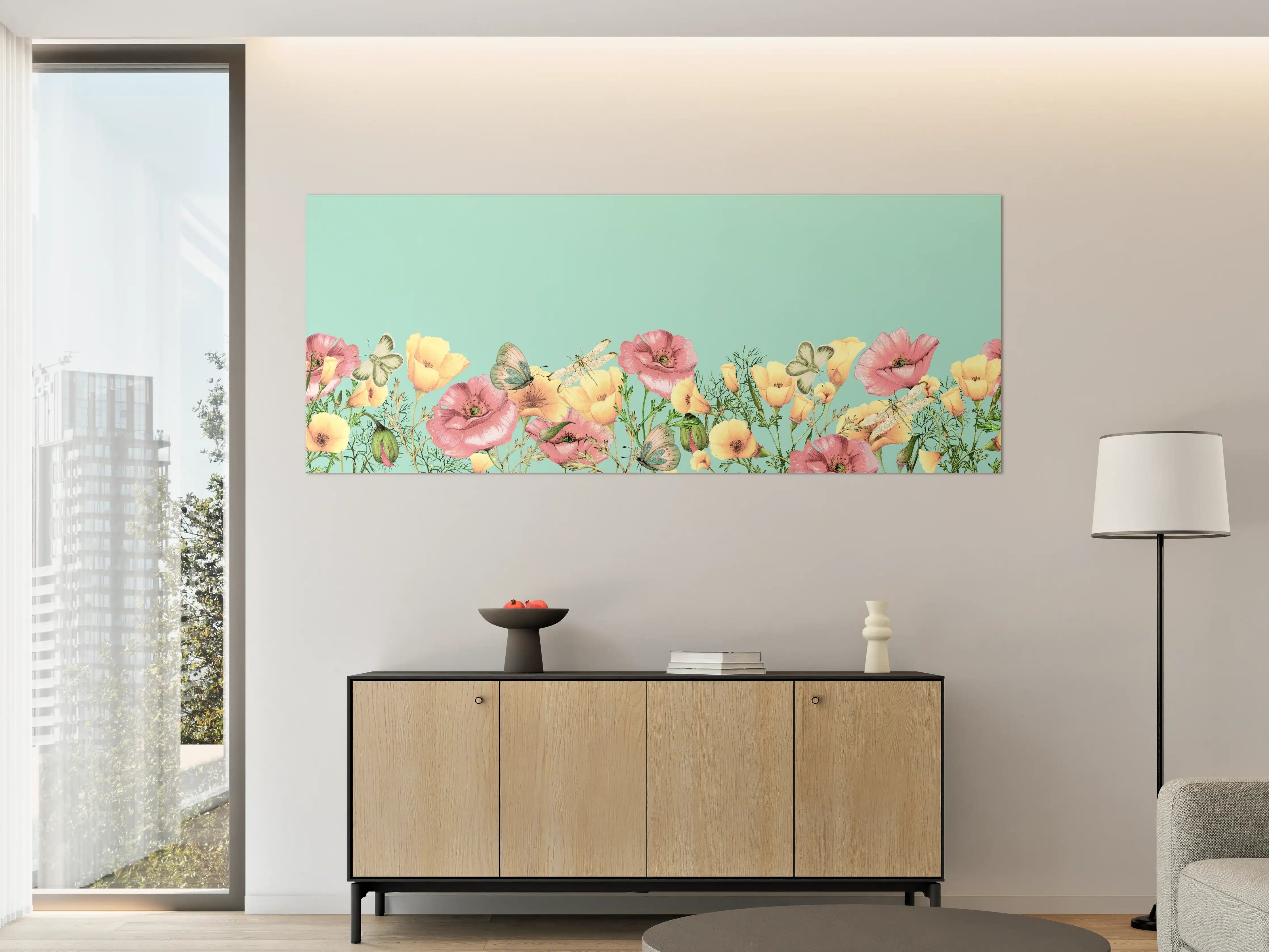 Große Wandbilder - Graue Blumen mit Schmetterlingen