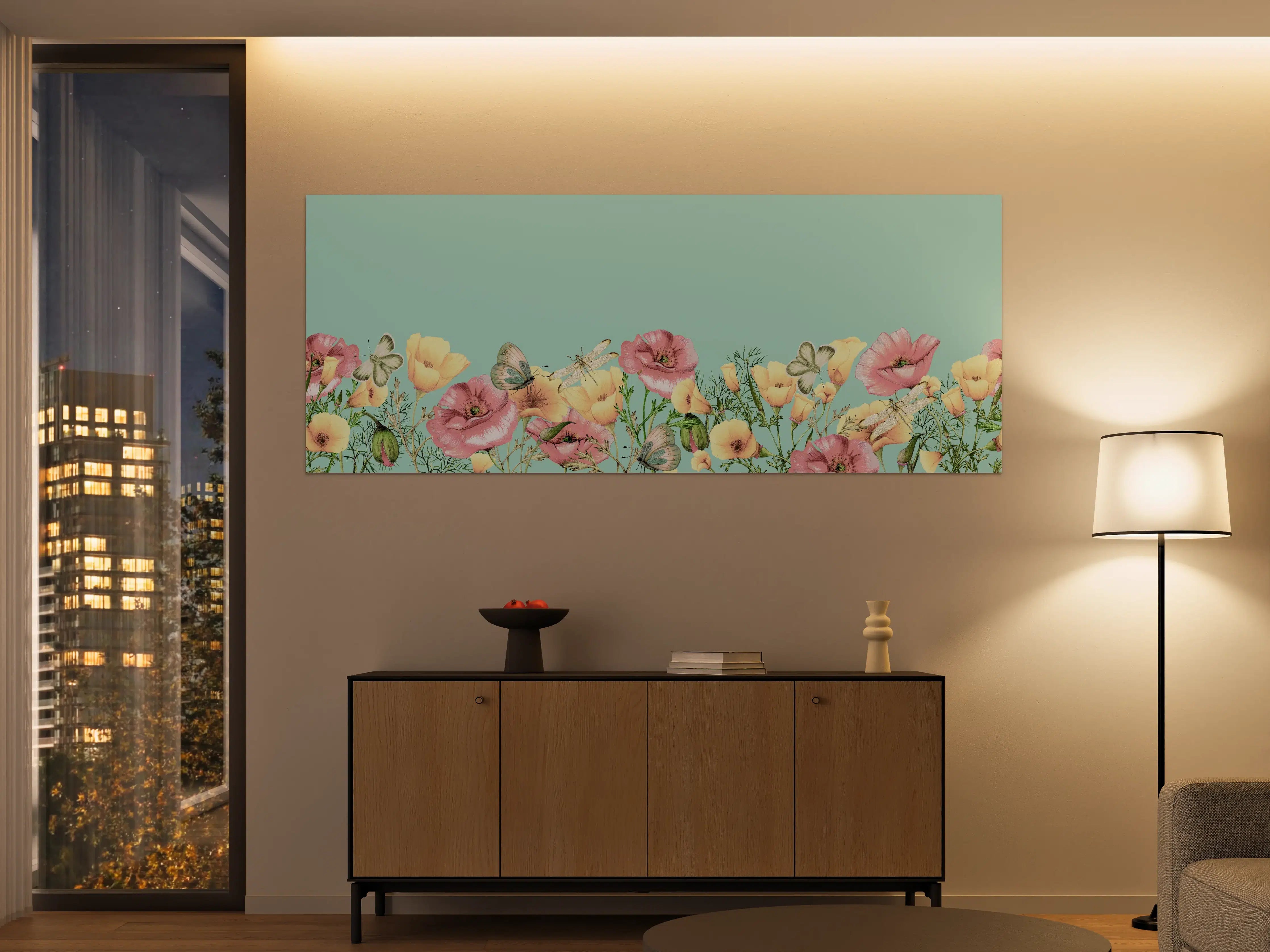 Große Wandbilder - Graue Blumen mit Schmetterlingen
