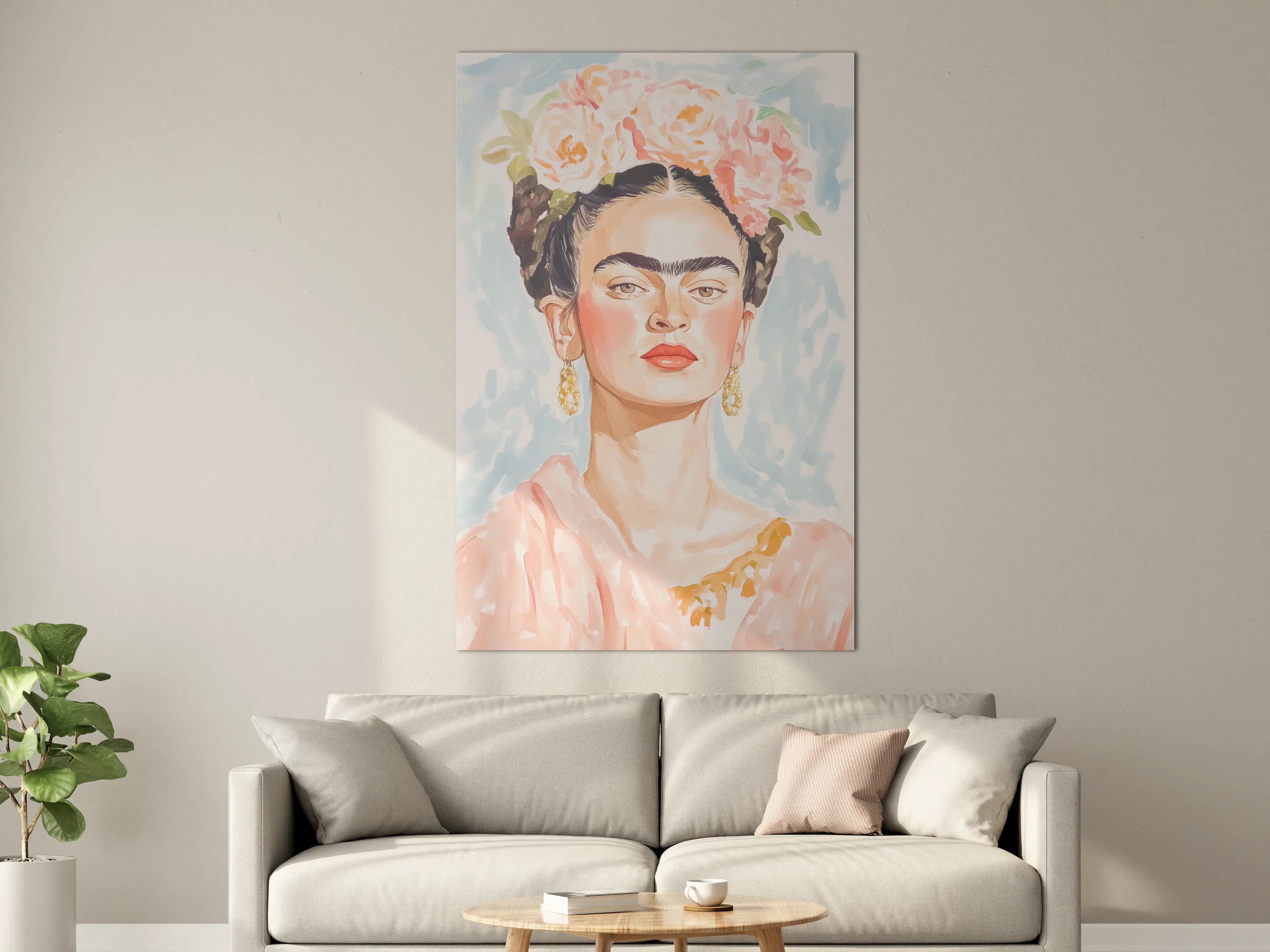 Große Wandbilder - Graue Blumenkranz-Porträt im Kahlo-Stil