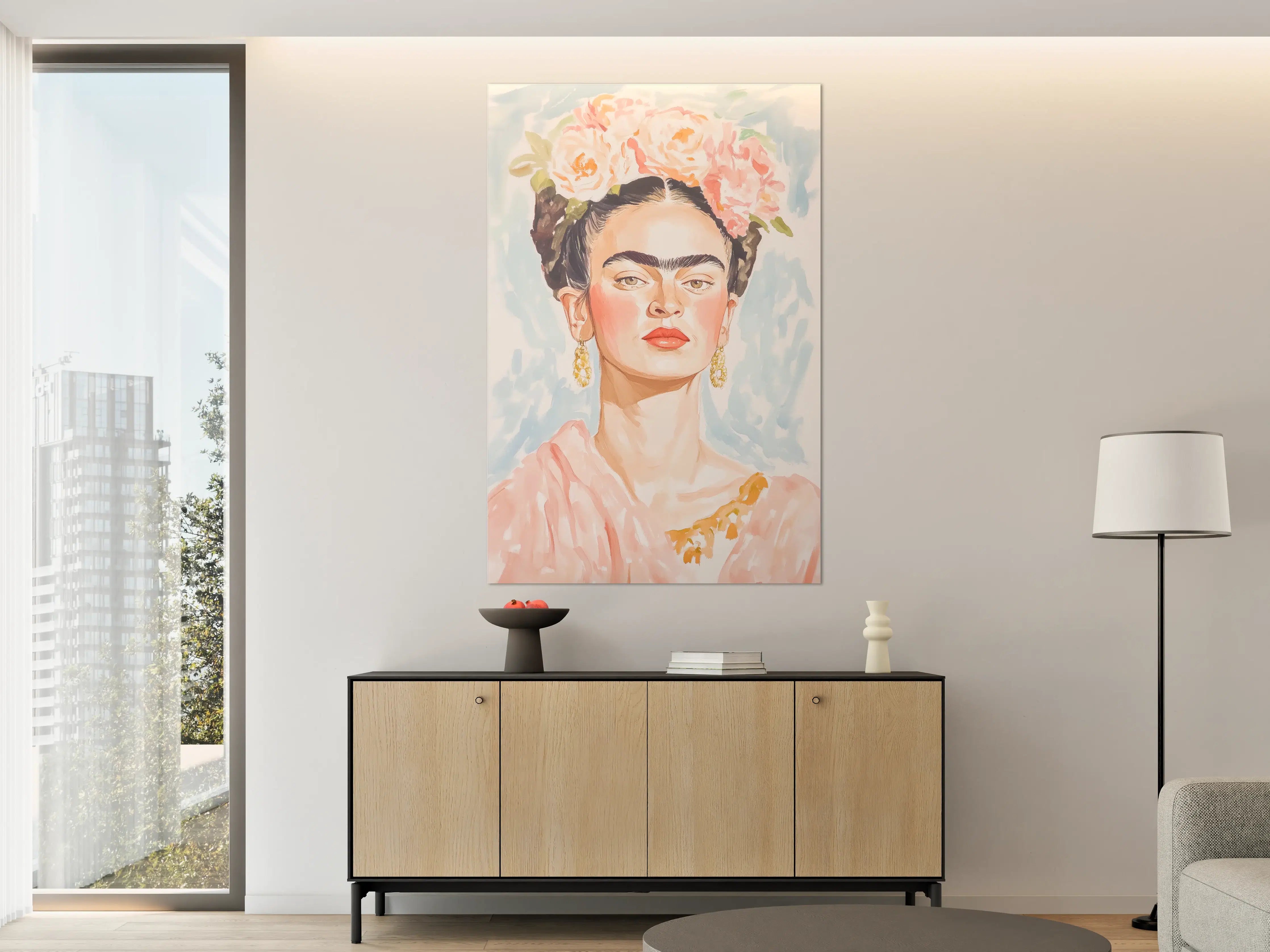 Große Wandbilder - Graue Blumenkranz-Porträt im Kahlo-Stil