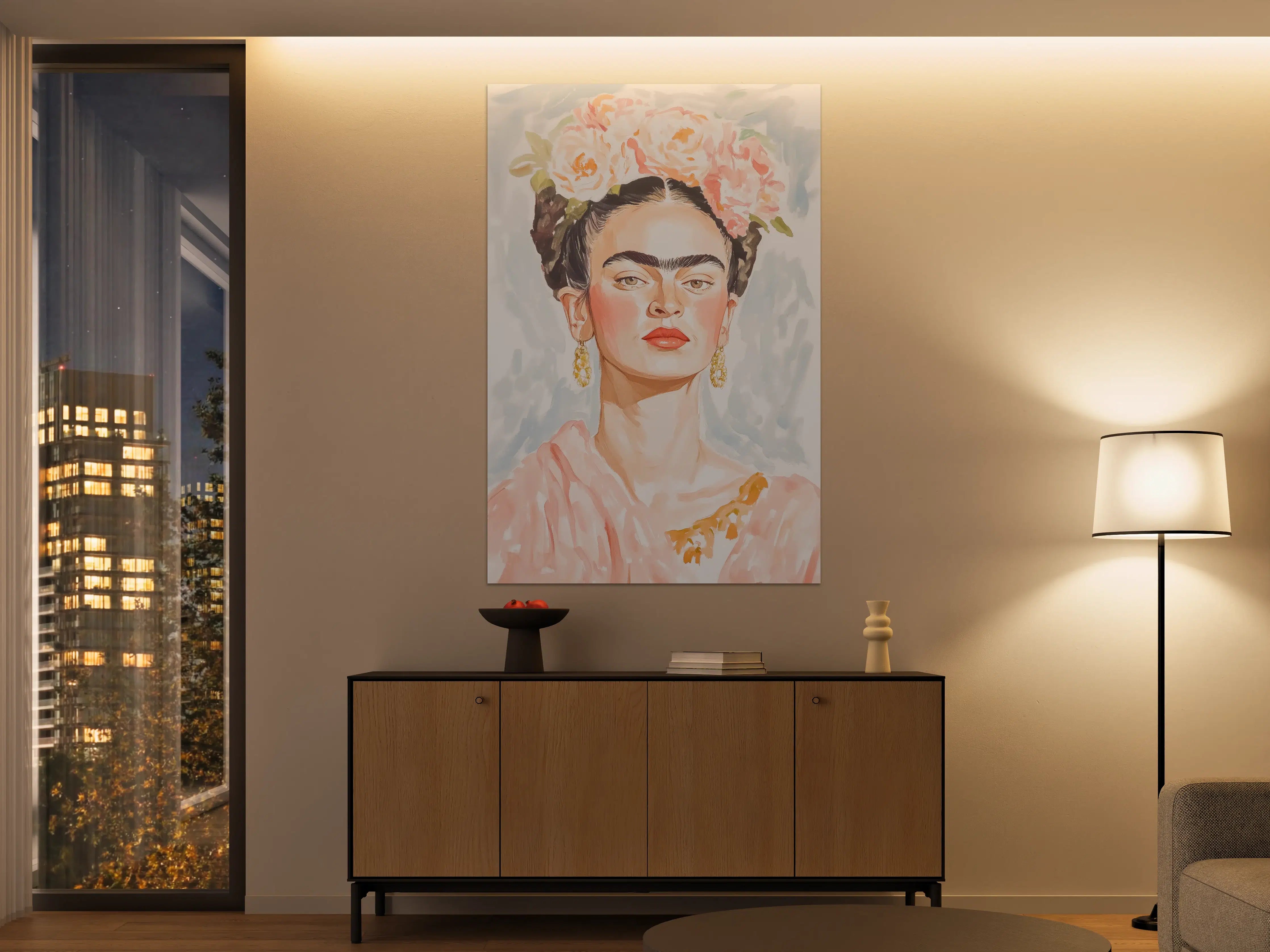 Große Wandbilder - Graue Blumenkranz-Porträt im Kahlo-Stil