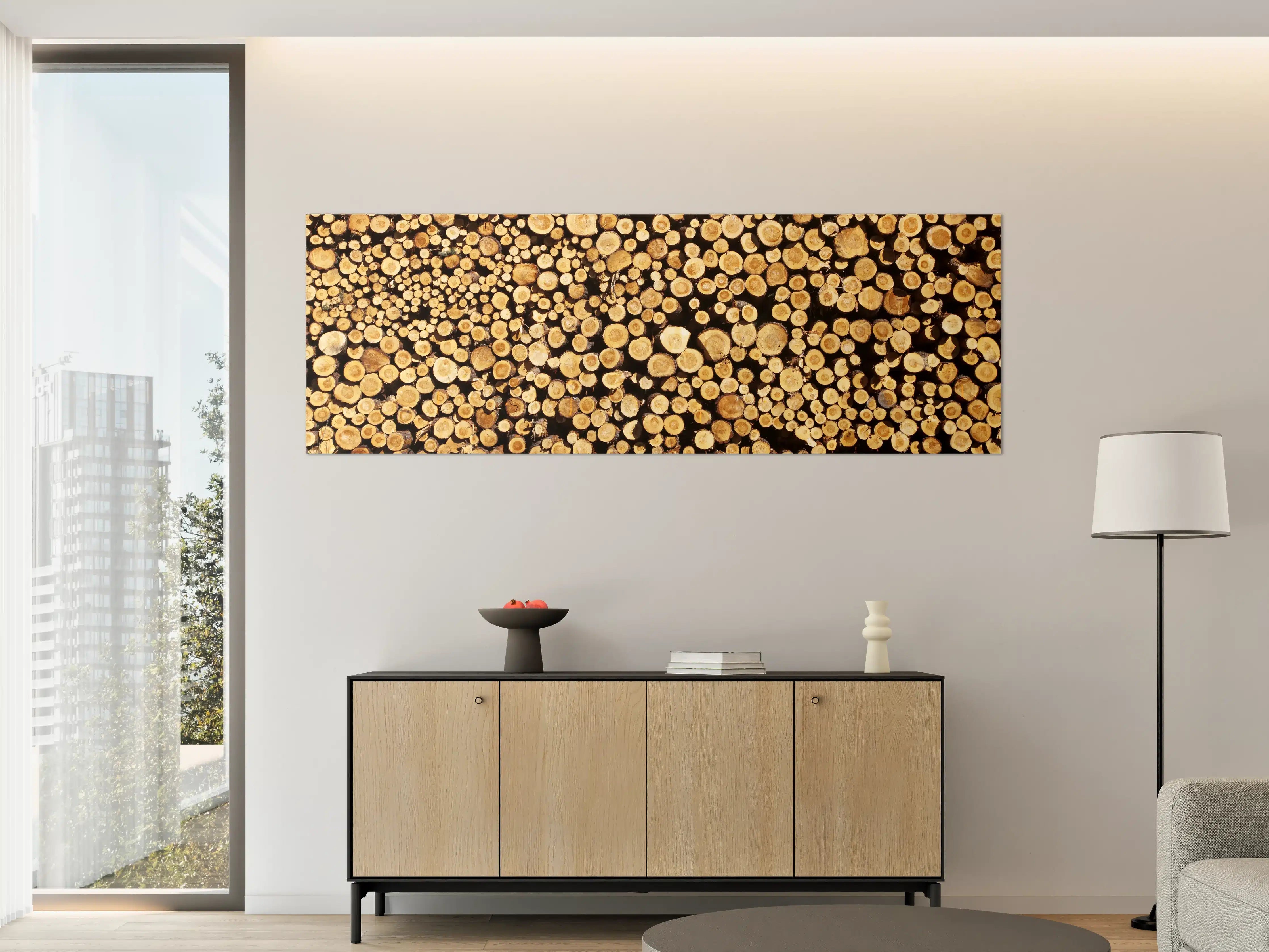 Große Wandbilder - Graue Holzstämme im weißen Arrangement
