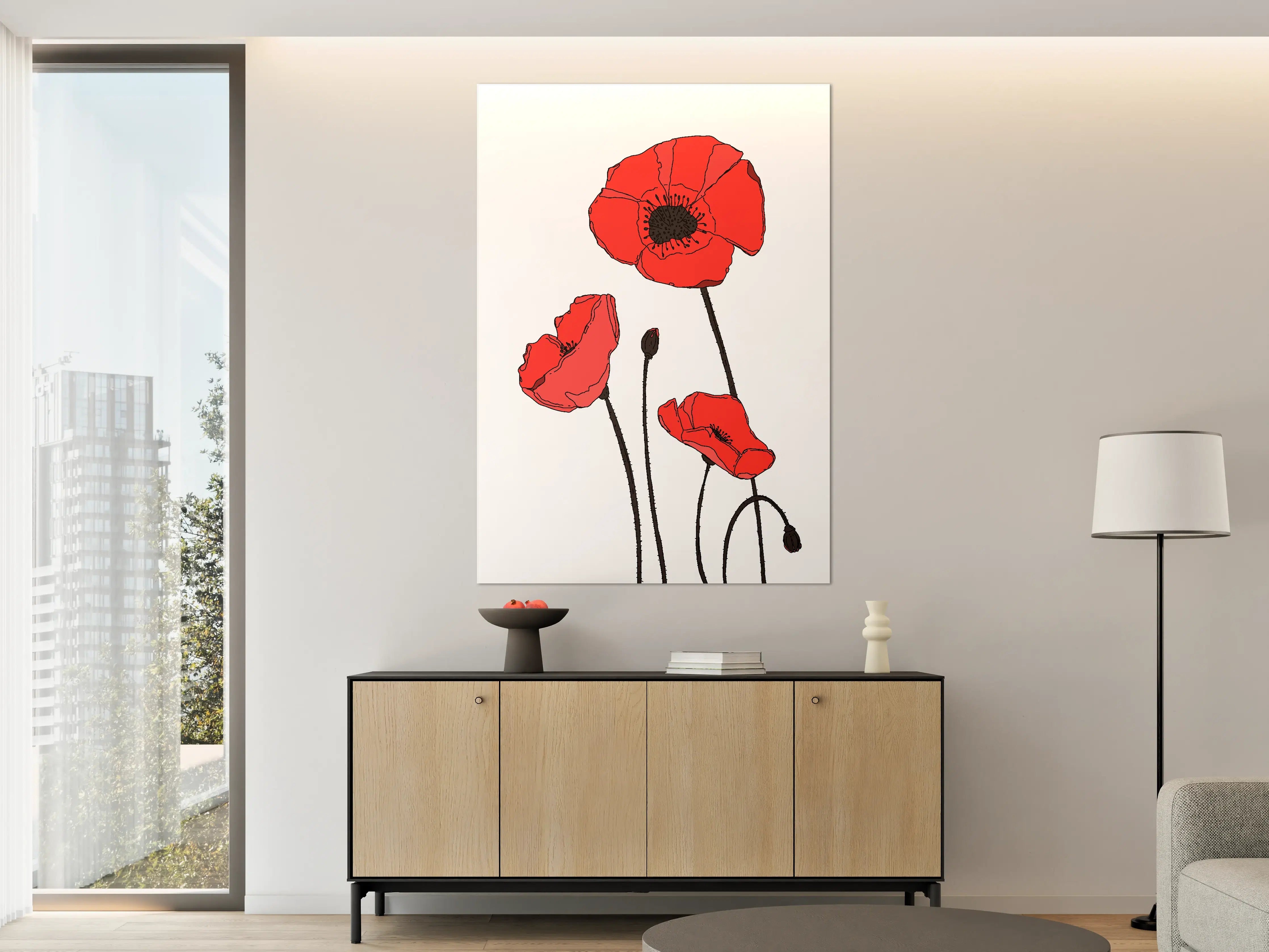 Große Wandbilder - Graue Schatten, rote Mohnblumen